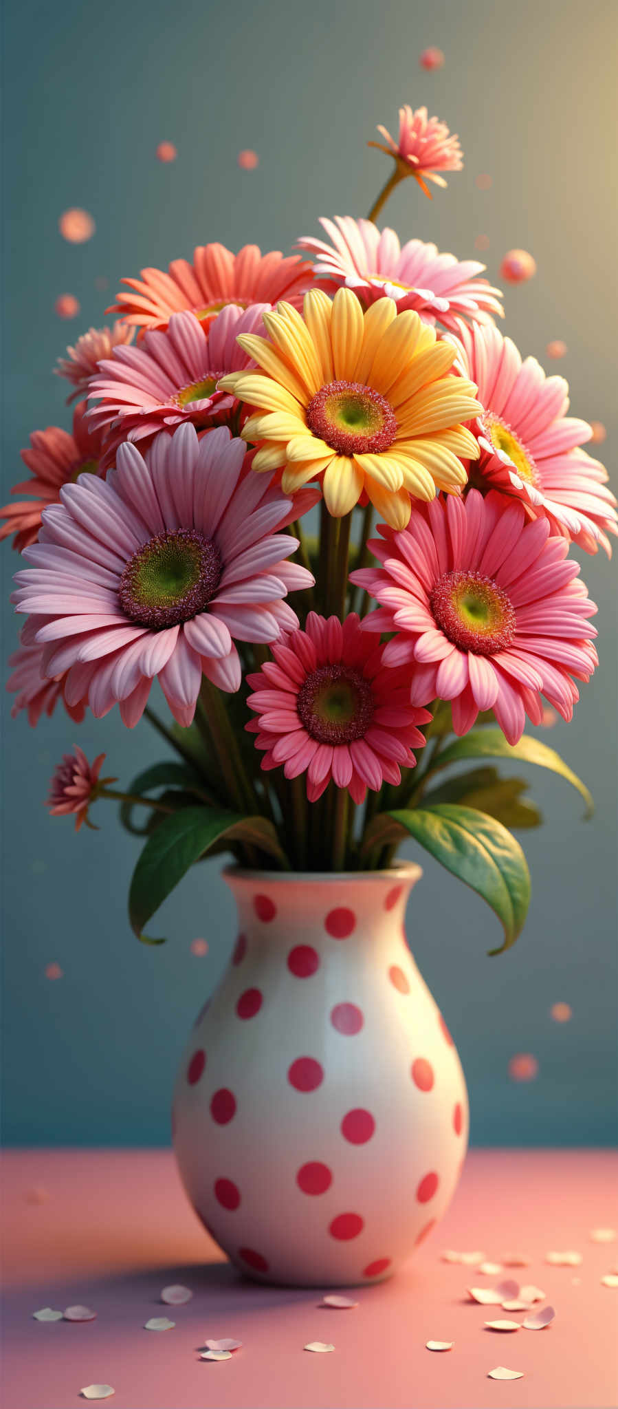 A vase of pink and yellow daisies.