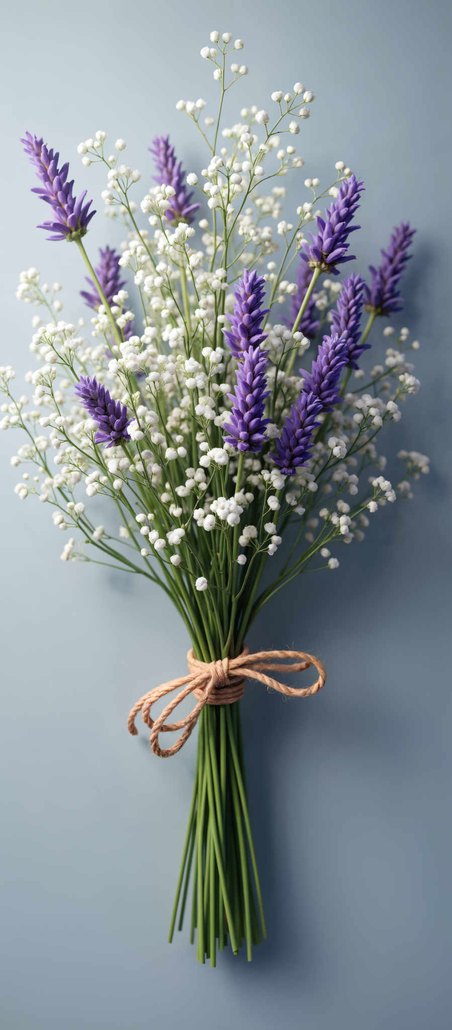 A bouquet of purple and white flowers tied together with a brown ribbon.