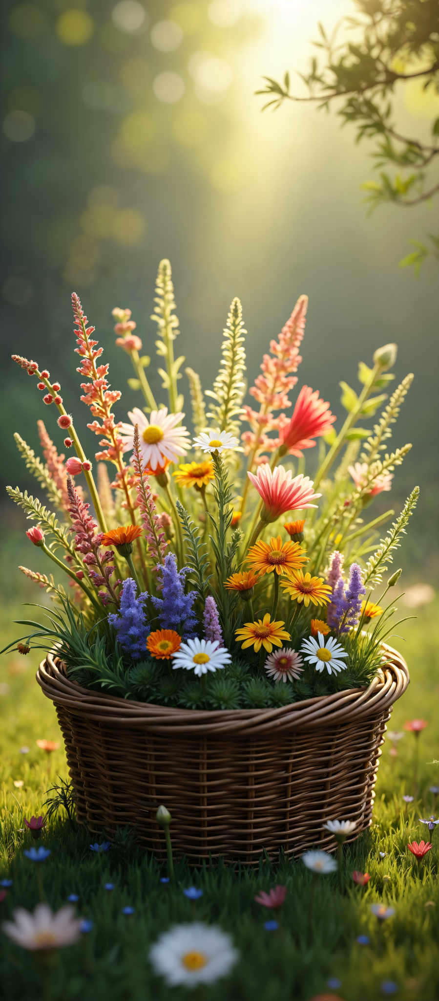 A basket of flowers with a variety of colors including red pink yellow white and purple.