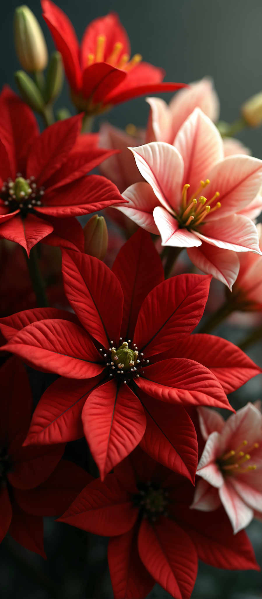 A close up of a red flower with yellow stamens.