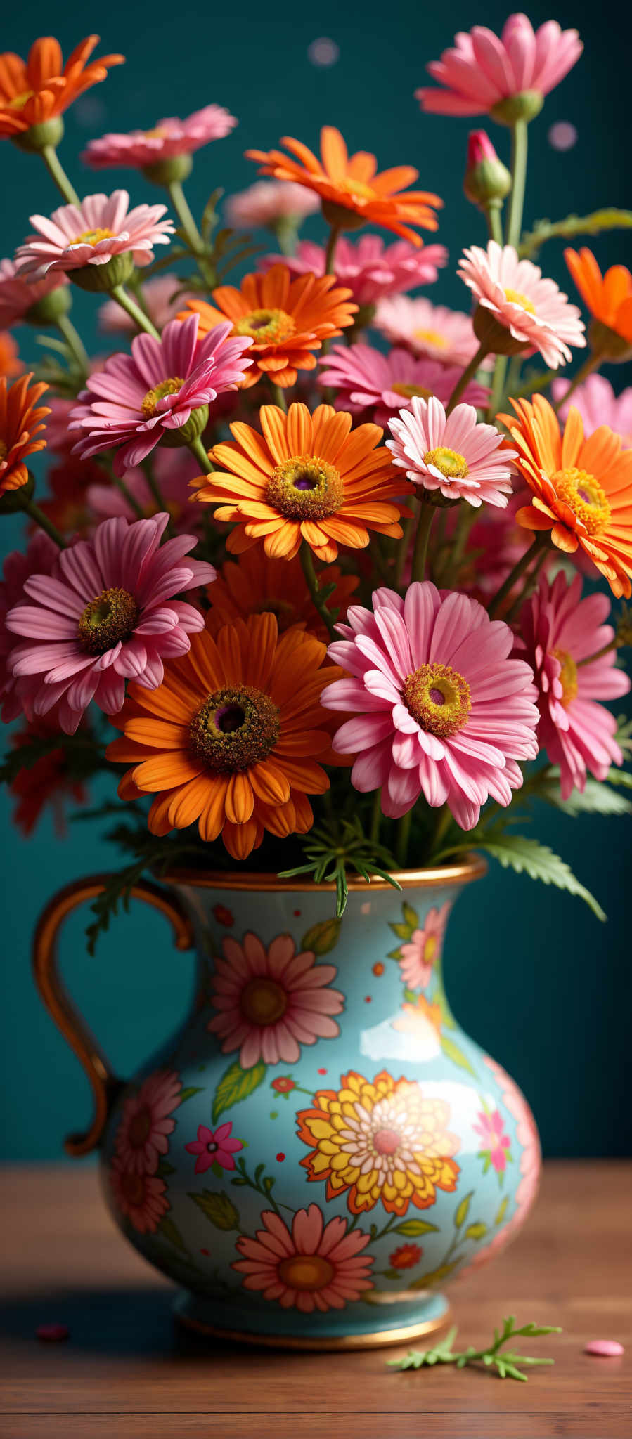 A vase of flowers with a blue and white pattern.