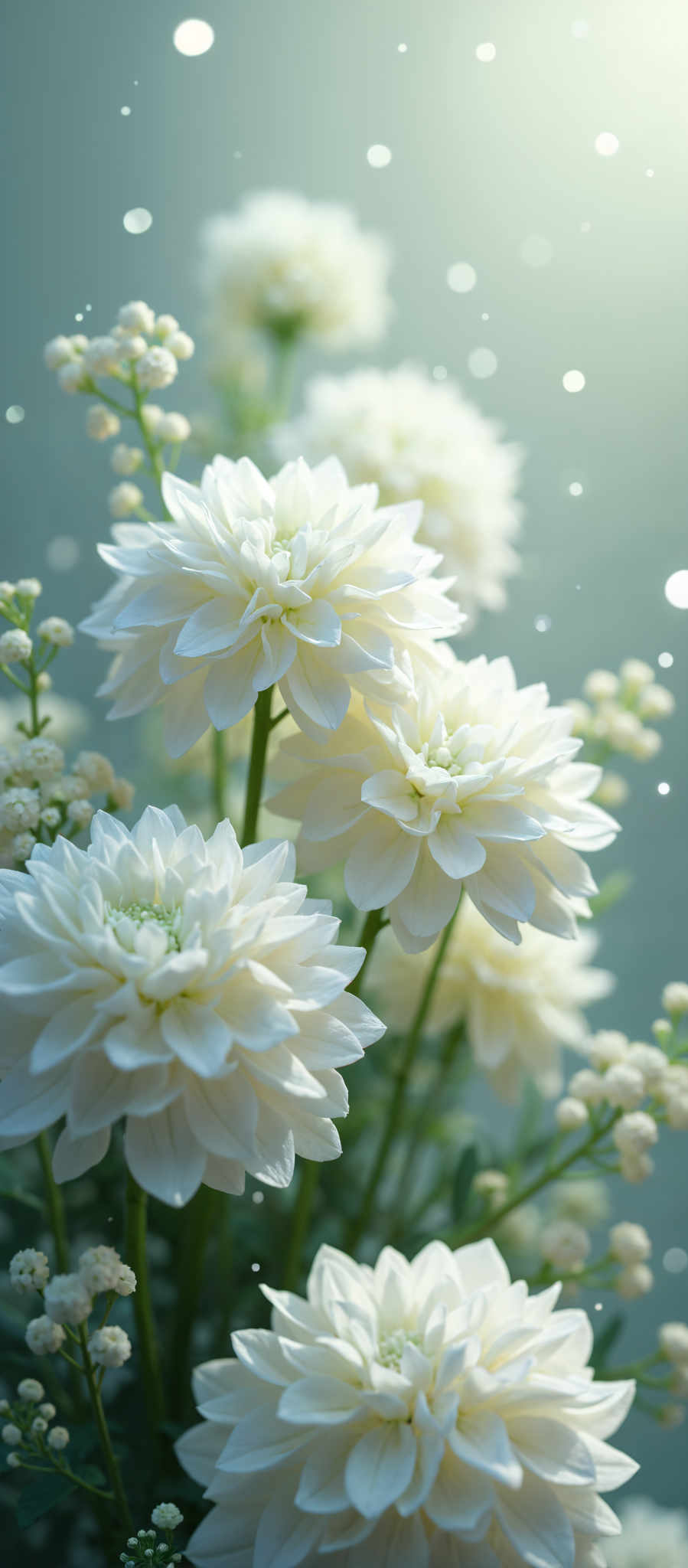 A beautiful bouquet of white flowers with green stems.