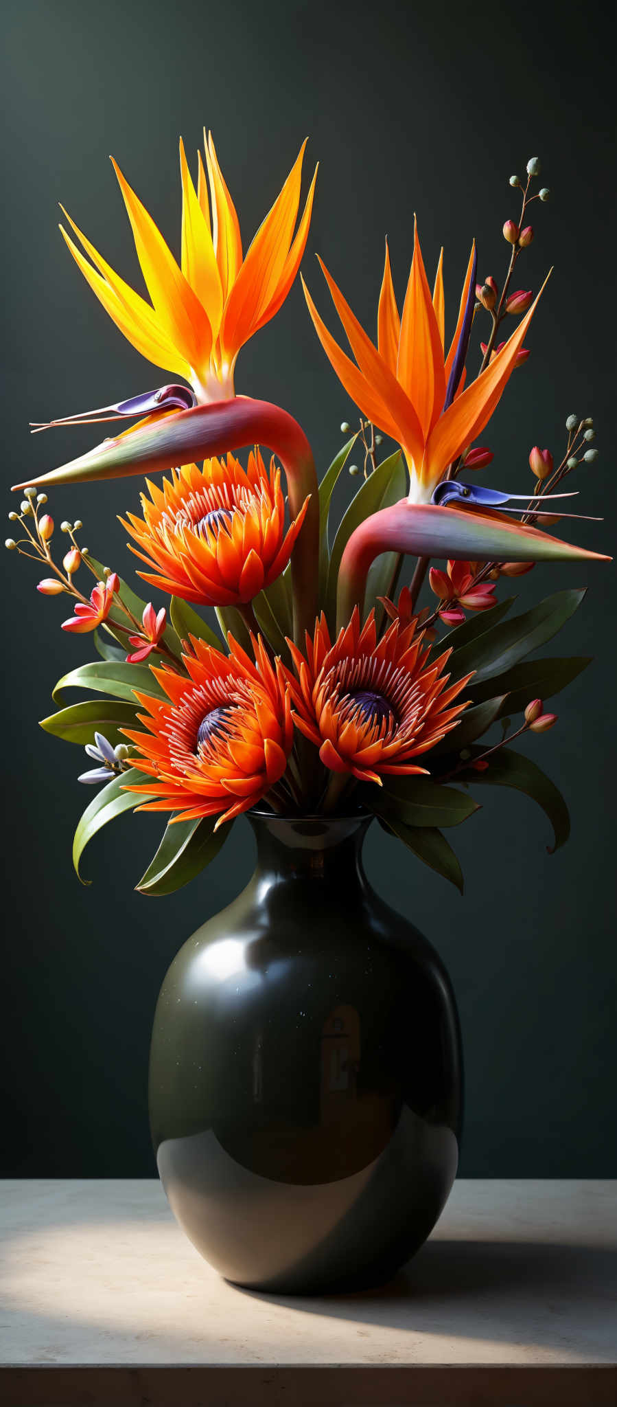 A vibrant bouquet of flowers in a black vase. The bouquet is a mix of orange and red flowers with a few blue and green accents. The flowers are arranged in a way that they are all facing different directions creating a dynamic and lively look. The black vase holding the flowers has a shiny finish reflecting the colors of the flowers. The background is a dark gray color which contrasts with the bright colors of flowers and vase making them stand out. The image does not contain any text.