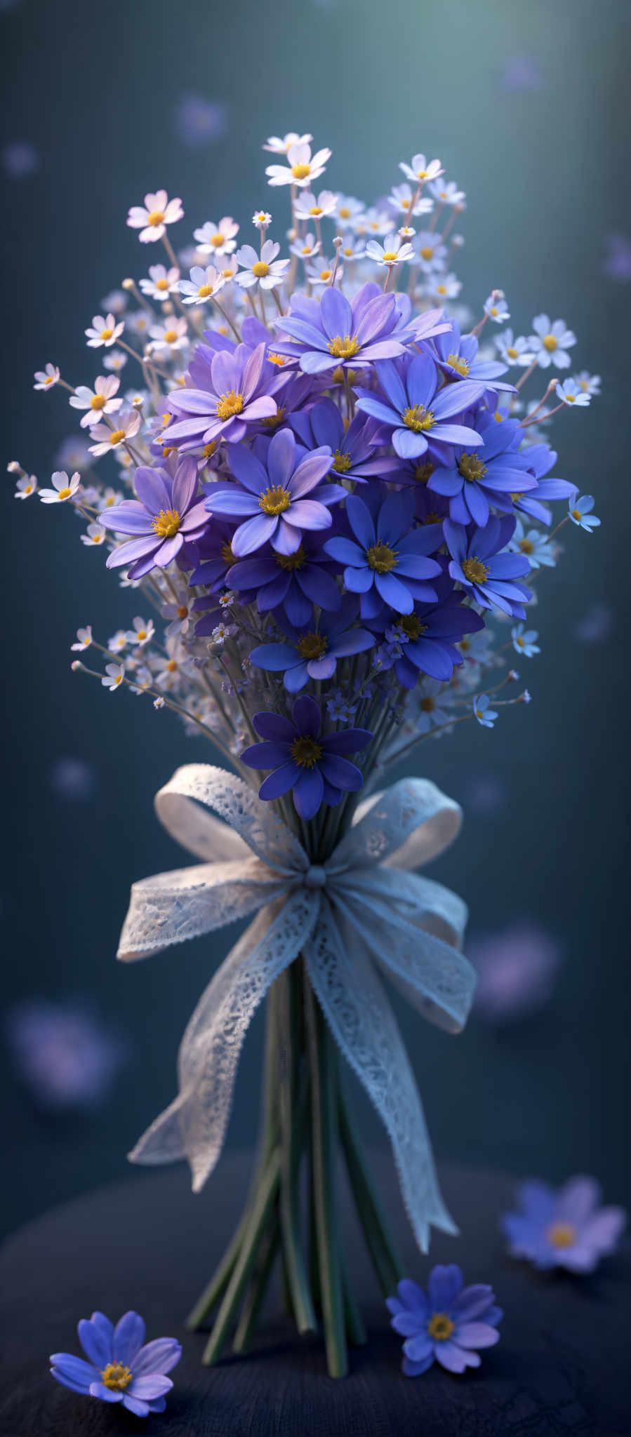 A bouquet of blue flowers with yellow centers.