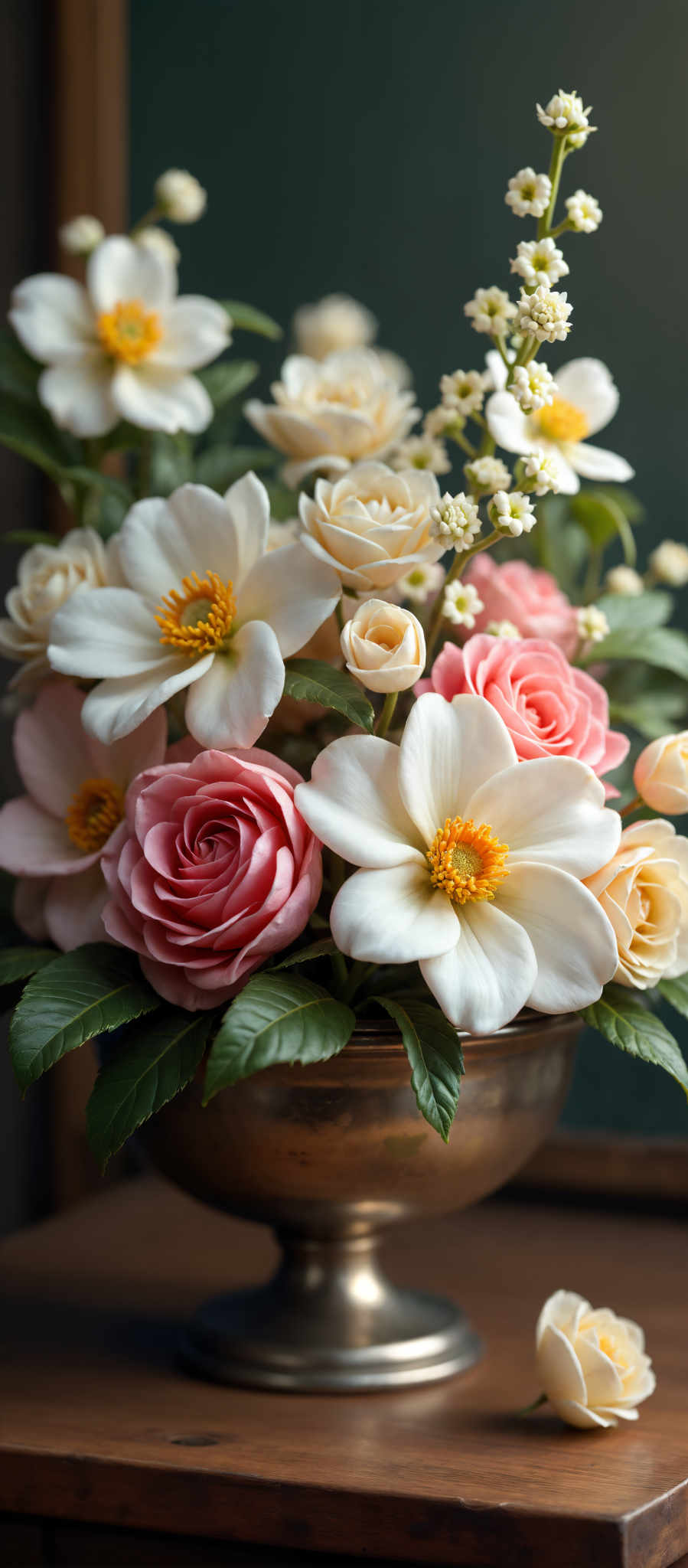 A bouquet of flowers in a copper pot. The flowers are white and pink with yellow centers.