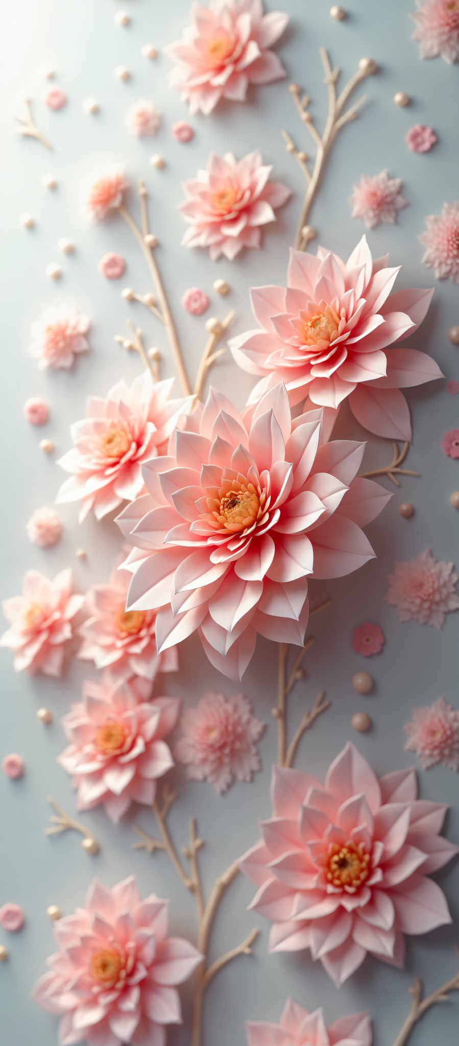 A collection of pink and white origami flowers are arranged on a gray background. The flowers are in various stages of folding creating a sense of depth and movement. The background is adorned with small pink and gold dots adding a touch of sparkle to the scene. The origami is meticulously crafted showcasing the intricate art of paper folding. The overall composition is balanced and pleasing to the eye.