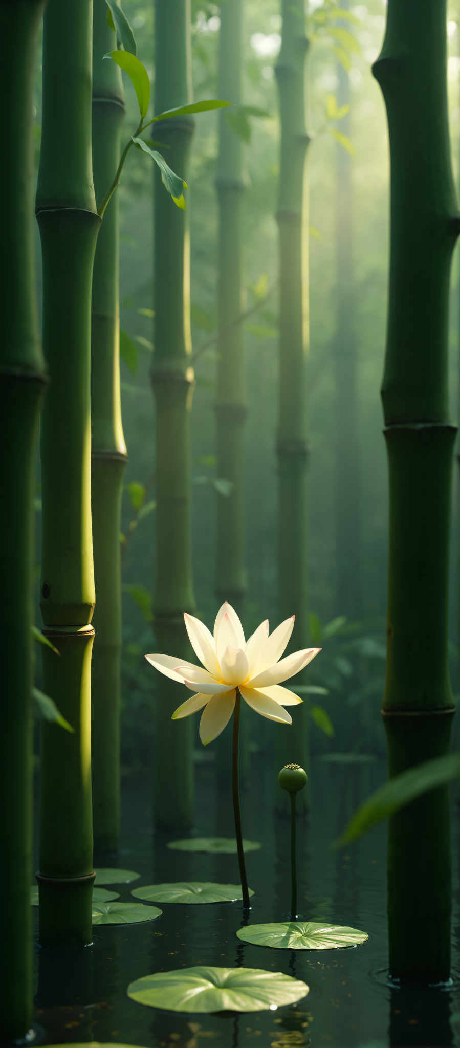 A single white flower with yellow petals is surrounded by green bamboo.