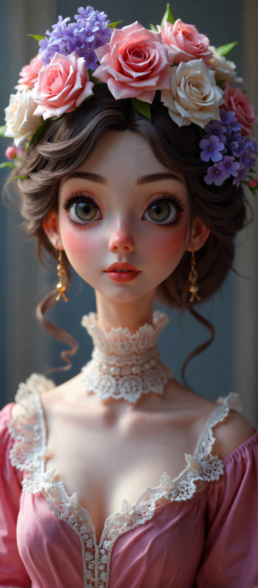 A doll with a white lace collar and earrings.