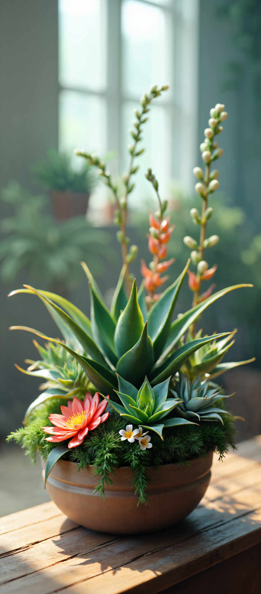 A vibrant display of potted plants including a red and yellow flower green plants and a tree with orange flowers.