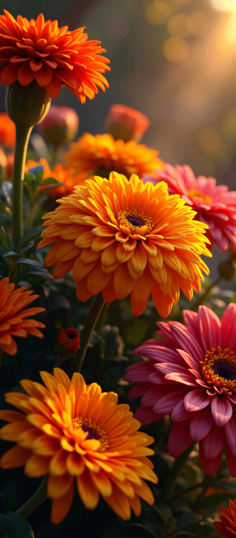 A vibrant bouquet of flowers including a large orange daisy and a pink gerbera daisy are the main focus of this image.