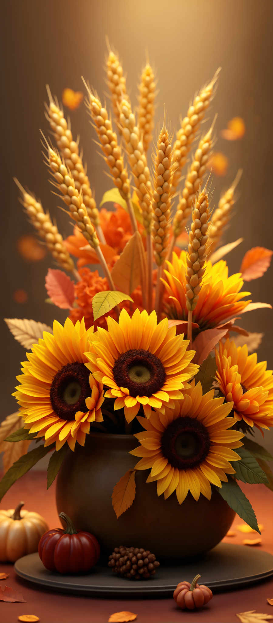 A bouquet of sunflowers in various shades of yellow and orange.