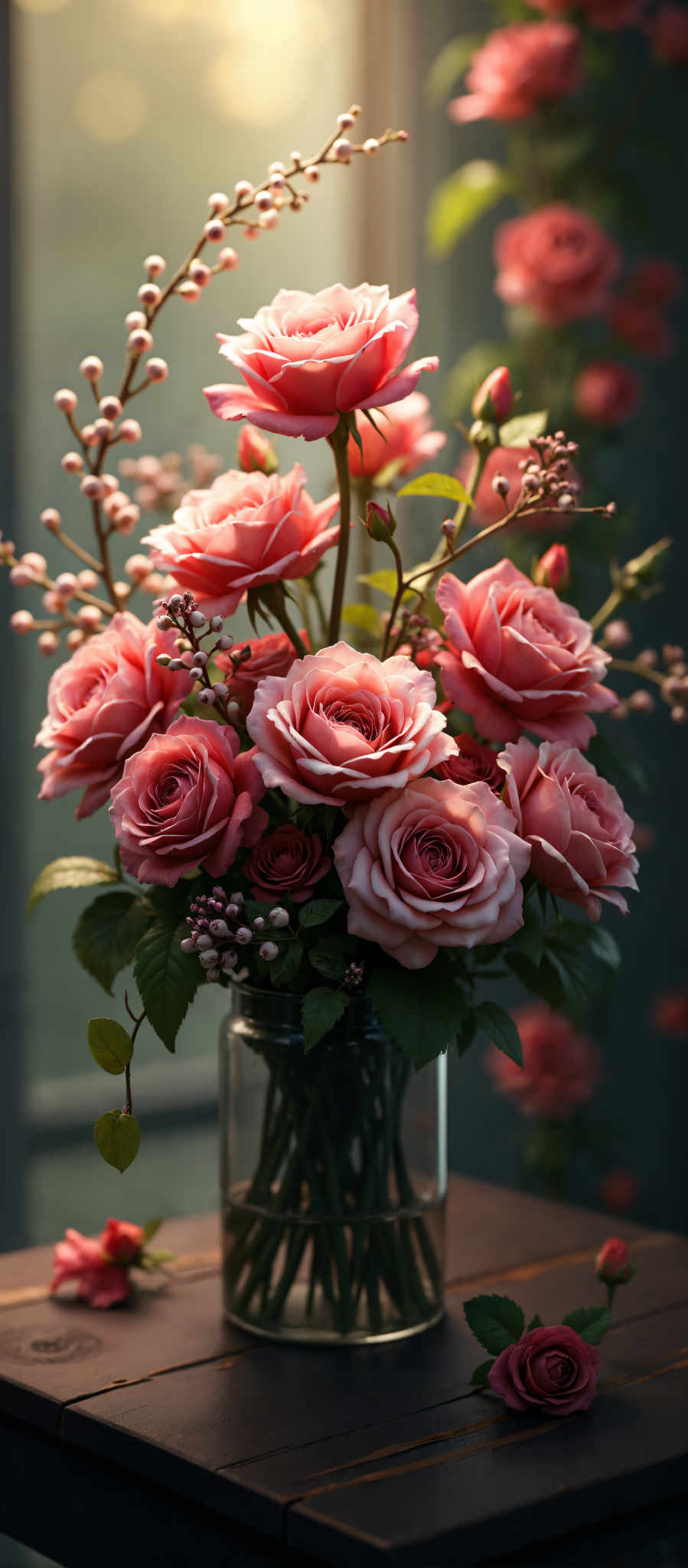 A bouquet of pink roses in a vase.