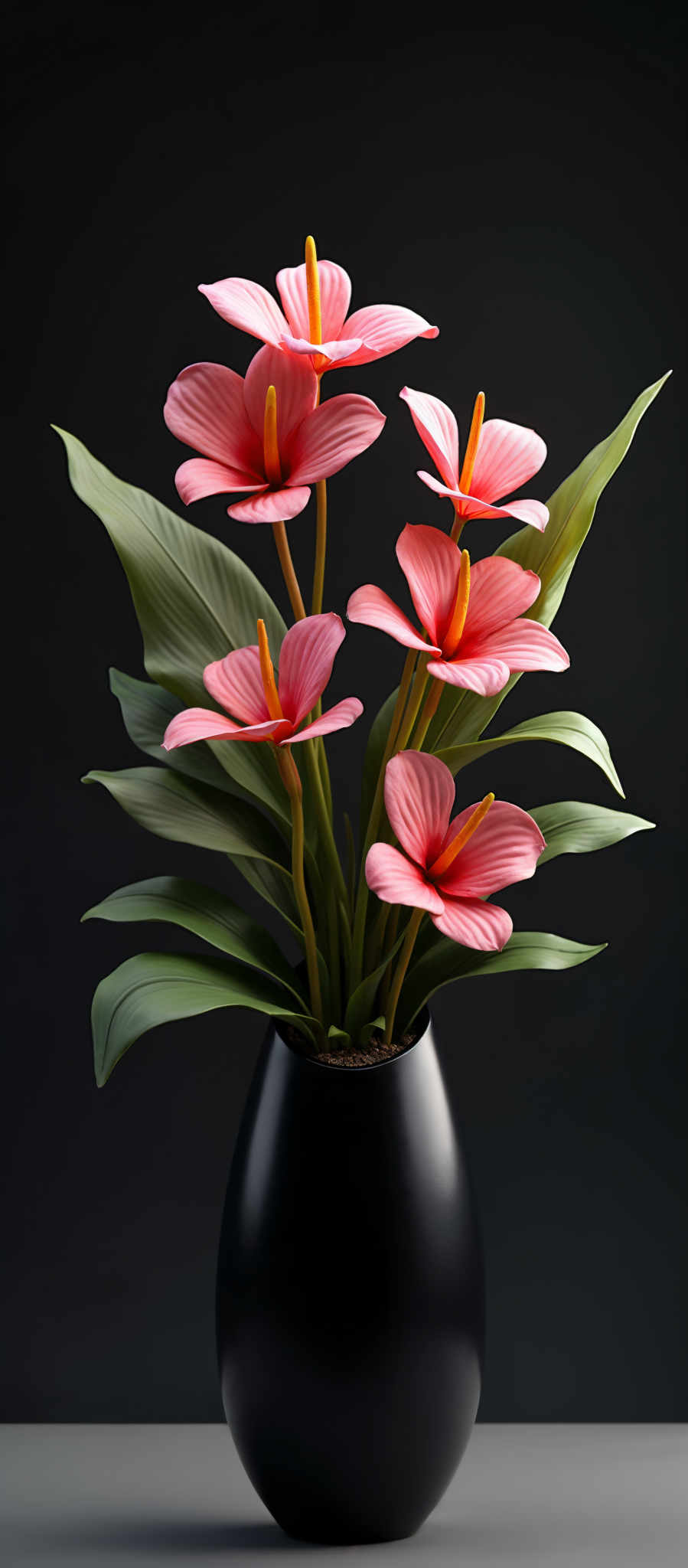 A bouquet of pink lilies in a black vase.