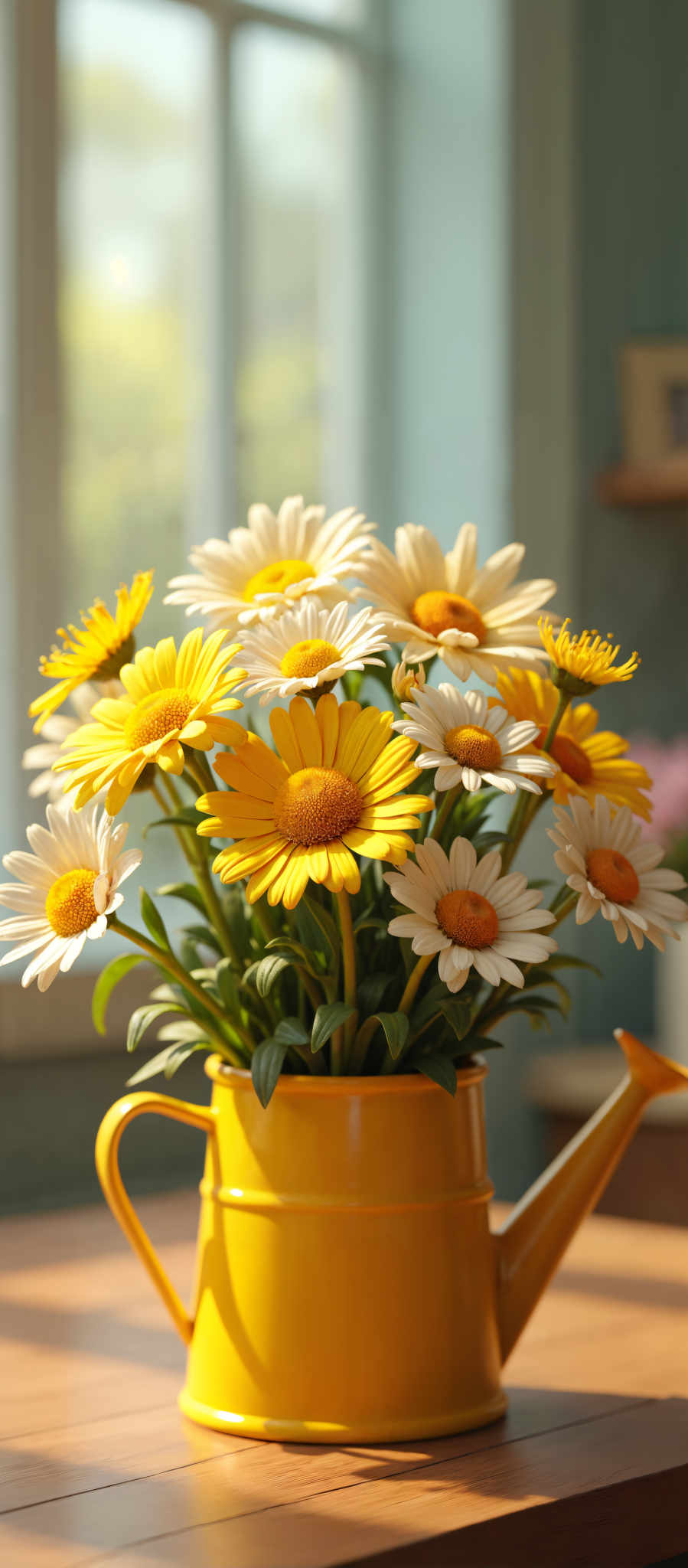 A bouquet of daisies in a yellow vase.