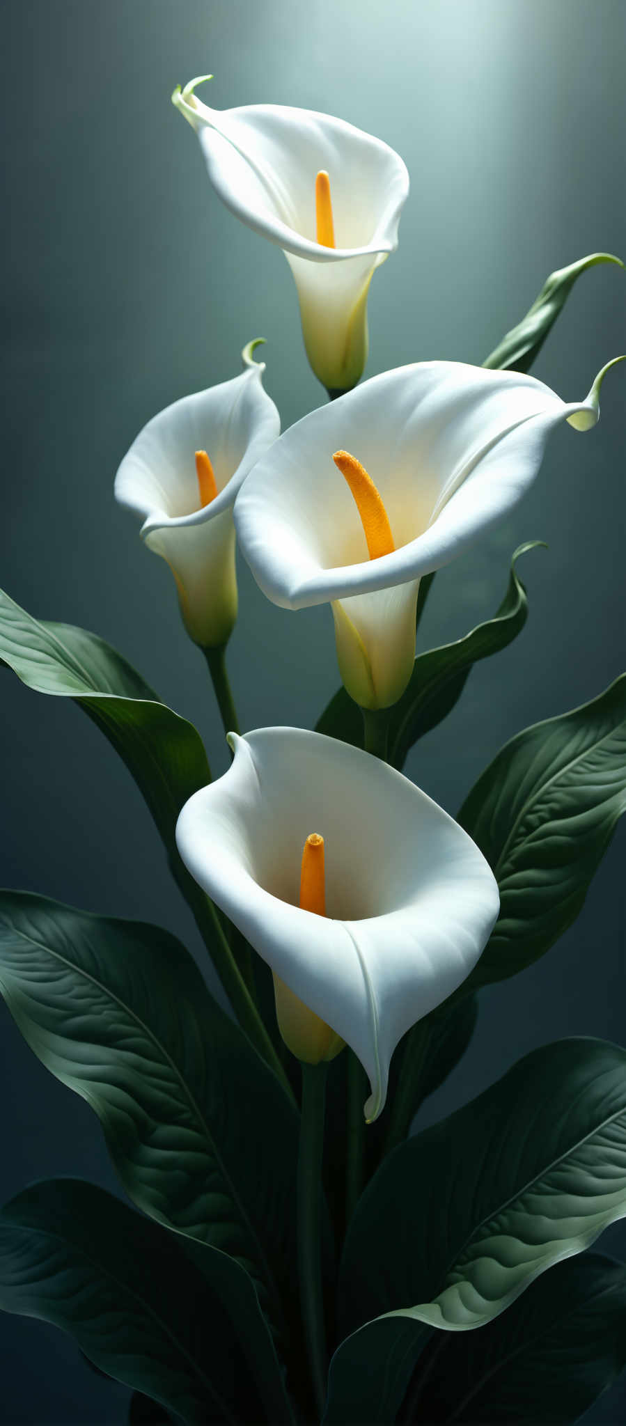 Three white lilies with yellow stamens are in a vase.