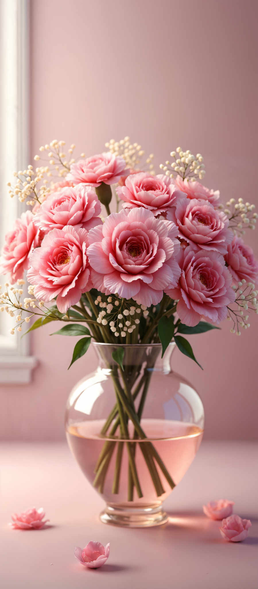 A bouquet of pink roses in a glass vase.