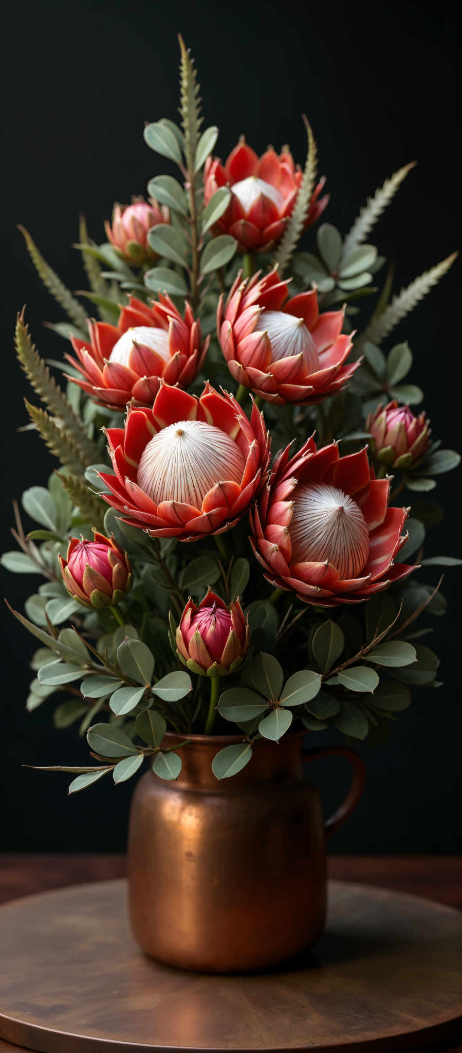 A bouquet of red and white flowers in a brown pot.