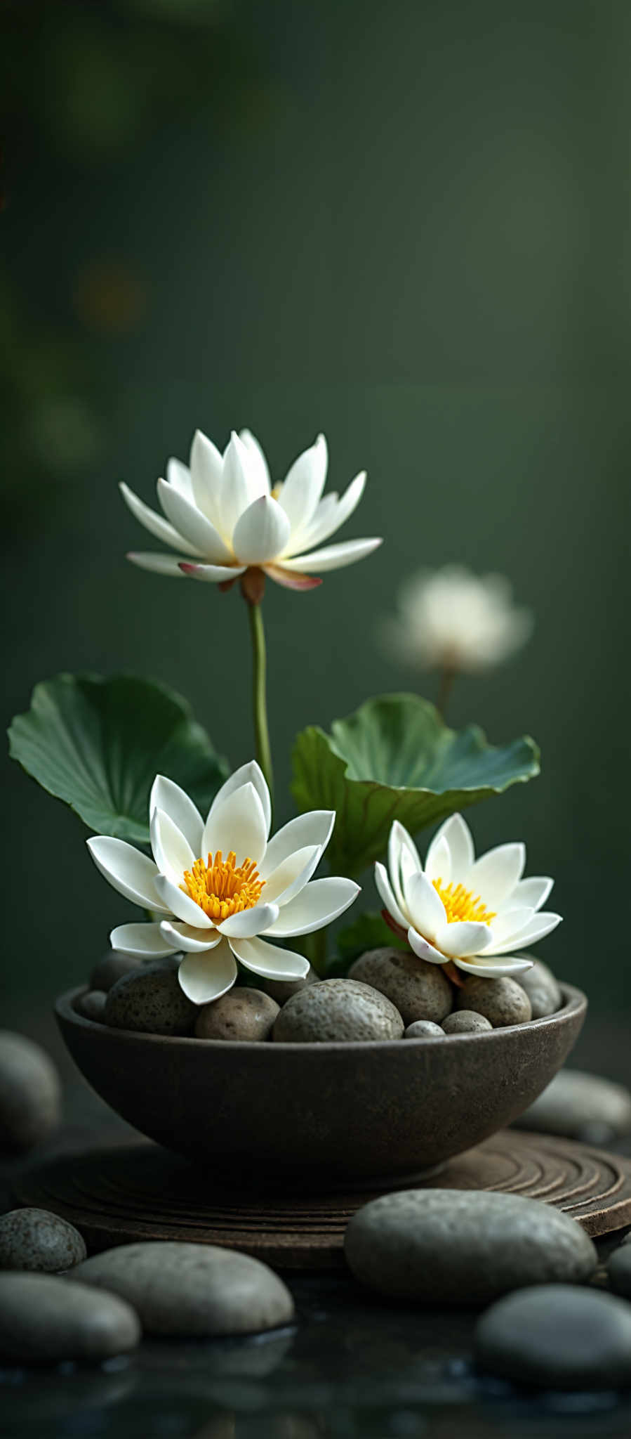 Three white lilies with yellow centers are in a bowl of rocks.