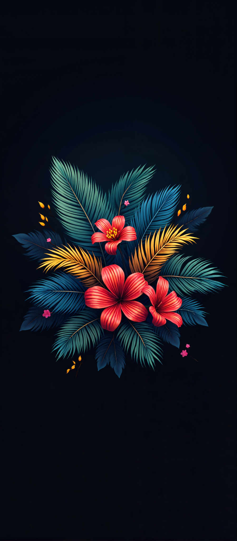 A vibrant illustration of a tropical flower arrangement. The flowers painted in shades of red and pink are the central focus of the composition. They are surrounded by leaves in hues of blue and green adding a touch of nature's palette to the scene. The background is a stark black which contrasts with the vivid colors of the flowers and leaves making them stand out. The arrangement is symmetrical with the flowers centrally placed and the leaves evenly distributed around them. The image does not contain any text or other discernible objects. The overall composition is balanced and harmonious with each element contributing to the tropical theme.