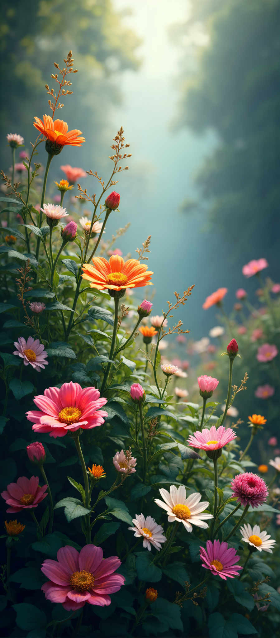 A vibrant garden scene is captured in this image. A multitude of flowers including pink and orange daisies are in full bloom their petals open wide to the sky. The flowers are arranged in a natural wild manner creating a sense of abundance and diversity. The colors of the flowers are bright and vivid standing out against the backdrop of the garden. The garden itself is lush and green with leaves and foliage providing a rich tapestry of textures and shades. The image is taken from a low angle looking up at the flowers which adds a sense depth and perspective to the scene. The overall effect is a beautiful representation of nature's bounty and the joy of a garden in full flower.