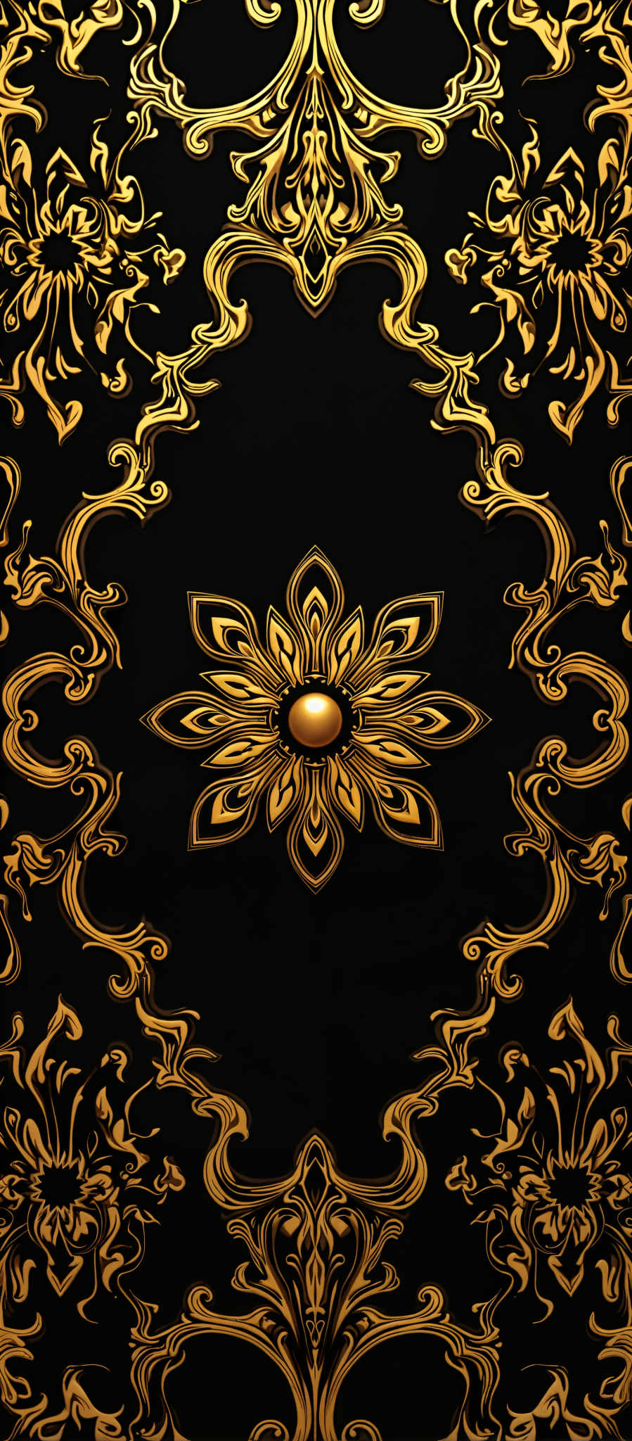 A black background with a gold sunflower design in the center. The sunflower is composed of 12 petals and a gold center. Surrounding the sunflower are two gold swirls on either side. The entire design is set against a black background.