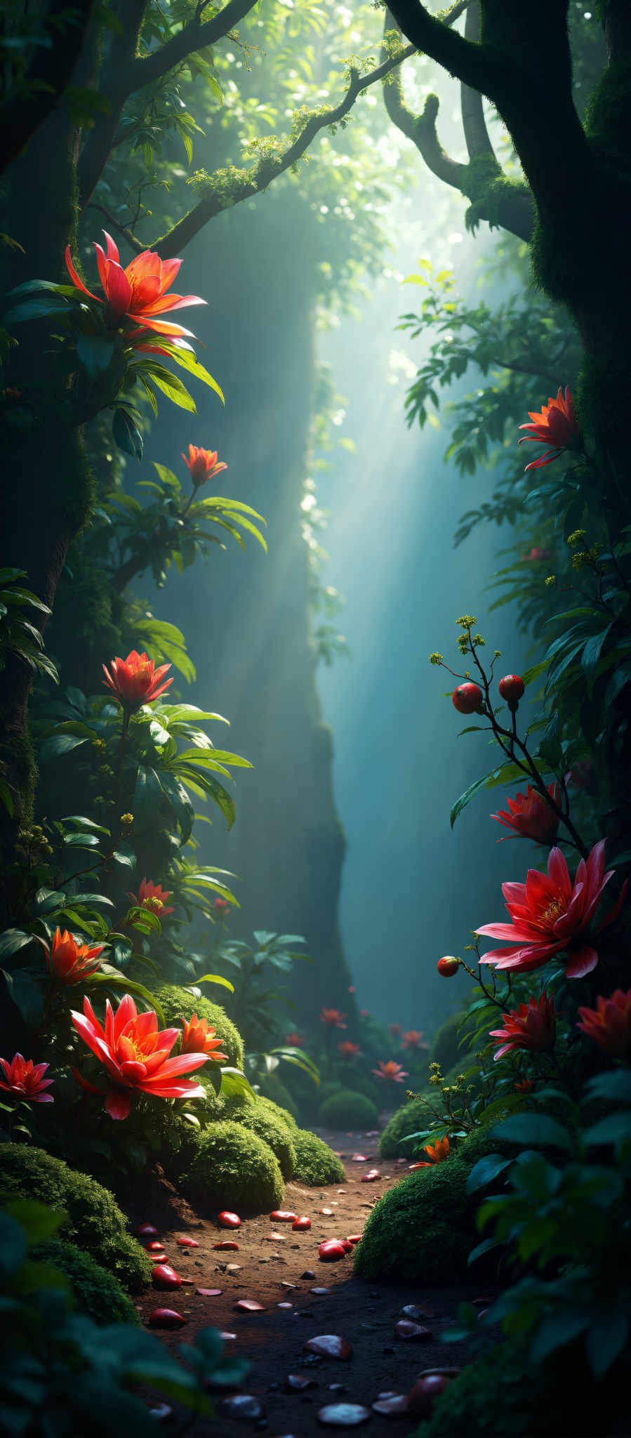 A lush jungle scene with a waterfall in the background. The jungle is filled with a variety of plants including red and yellow flowers green leaves and a large rock formation. The waterfall cascades down the rock formation creating a serene and beautiful atmosphere. The colors in the image are vibrant and rich with the red and green of the flowers and leaves contrasting against the blue of the waterfall. The rock formation adds a touch of ruggedness to the otherwise soft and delicate scene. The image is a beautiful representation of nature's diversity and beauty.