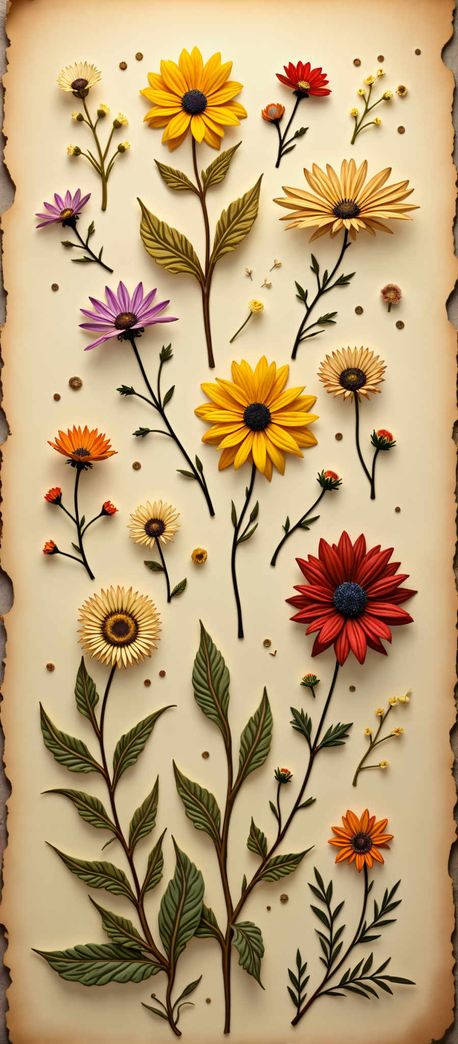 The image presents a vibrant array of 16 flowers each exhibiting a unique color and type. The flowers are meticulously arranged in a grid-like pattern with 4 rows and 4 columns. 

Starting from the top left the first flower is a purple one followed by a yellow flower a red flower and a blue flower. The second row begins with an orange flower then a white flower another yellow flower like the first and another red flower. 

The third row starts with a pink flower followed again by a white one a yellow one and finally a red one. The fourth row begins again with a purple flower like the one in the first row followed next to a yellow red and blue flower respectively. 

Each flower is intricately detailed with black stems and green leaves adding to their realism. The background of the grid is a light beige color providing a neutral backdrop that allows the colors of the flowers to stand out. 

This image is a beautiful representation of the diversity and beauty of flowers captured in an AI-generated grid.