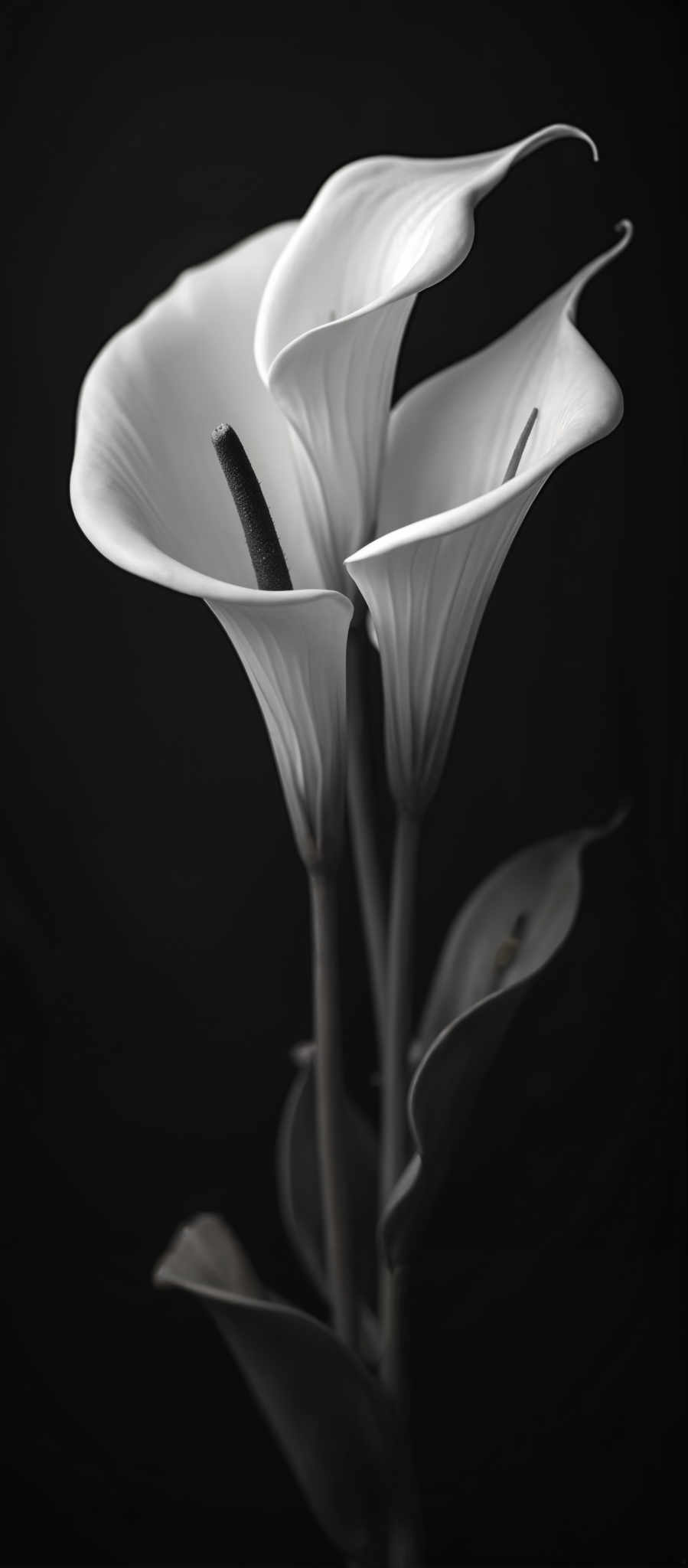 A black and white photo of two white lilies.