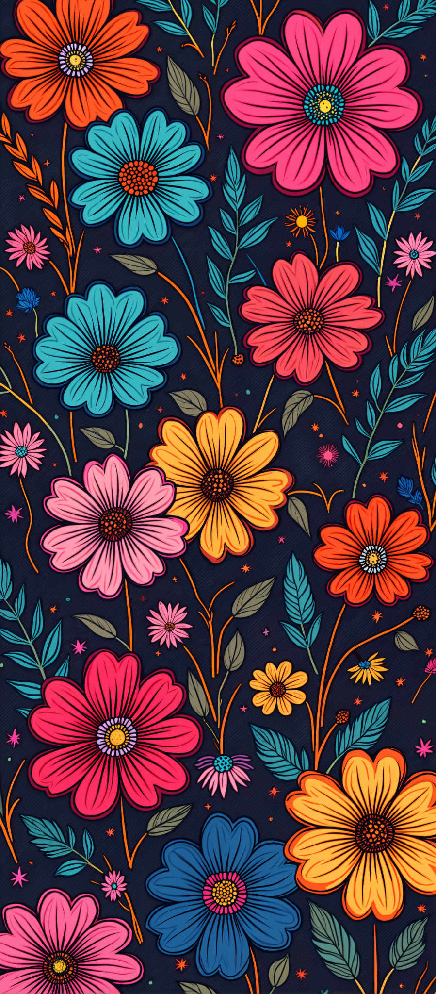 A vibrant display of flowers in various colors including pink blue orange and yellow. Each flower is intricately designed with a center and petals and they are set against a dark blue background. The flowers are arranged in a repeating pattern creating a sense of continuity and rhythm across the image.

The flowers are not alone; they are accompanied by leaves and stems adding to the overall floral theme. The leaves are a mix of green and blue providing a nice contrast to the bright colors of the flowers. The stems on the other hand are a more subdued orange and yellow grounding the image and providing a base for the flowers.

The image is a celebration of color and nature with the flowers taking center stage. Despite the repeating pattern and the dark blue backdrop each flower stands out drawing the viewer's attention to its unique color and design. The image is not just a collection of flowers; it's a harmonious blend of colors shapes and patterns that creates a visually pleasing and captivating image.