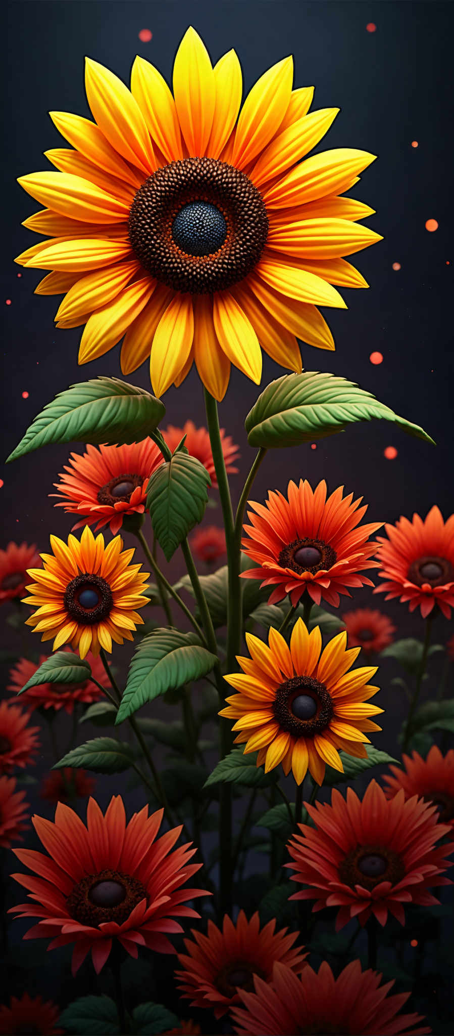 A vibrant display of sunflowers in full bloom. The sunflowers painted in shades of yellow and orange are arranged in a cluster their green leaves adding a touch of contrast. The background is a dark blue speckled with orange dots that add depth to the scene. The image is a beautiful representation of nature's bounty.