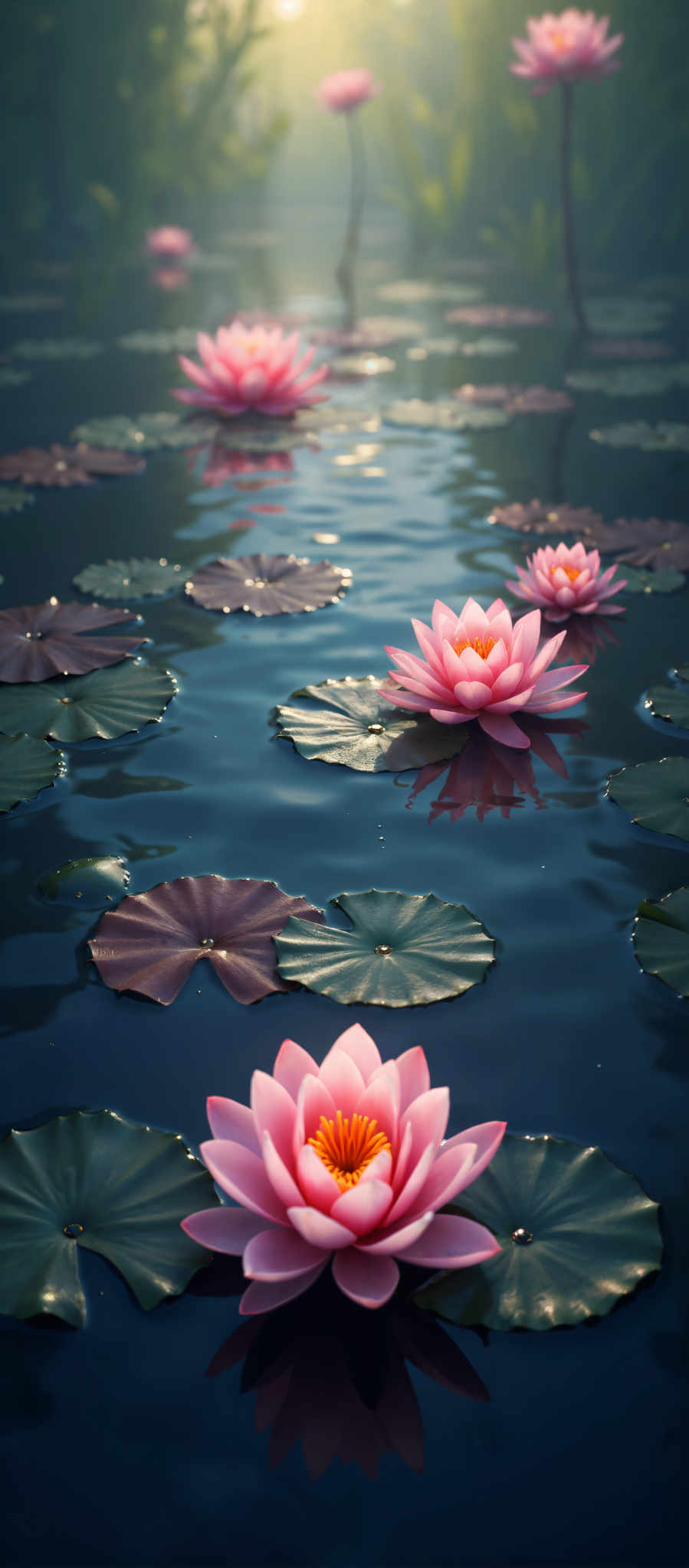 A serene scene of pink and white lotus flowers floating on a body of water. The flowers are arranged in a diagonal line with the largest flower in the center and the smallest at the bottom. The water is a deep blue color and the lotus leaves are a dark green. The image is a beautiful representation of nature's tranquility.