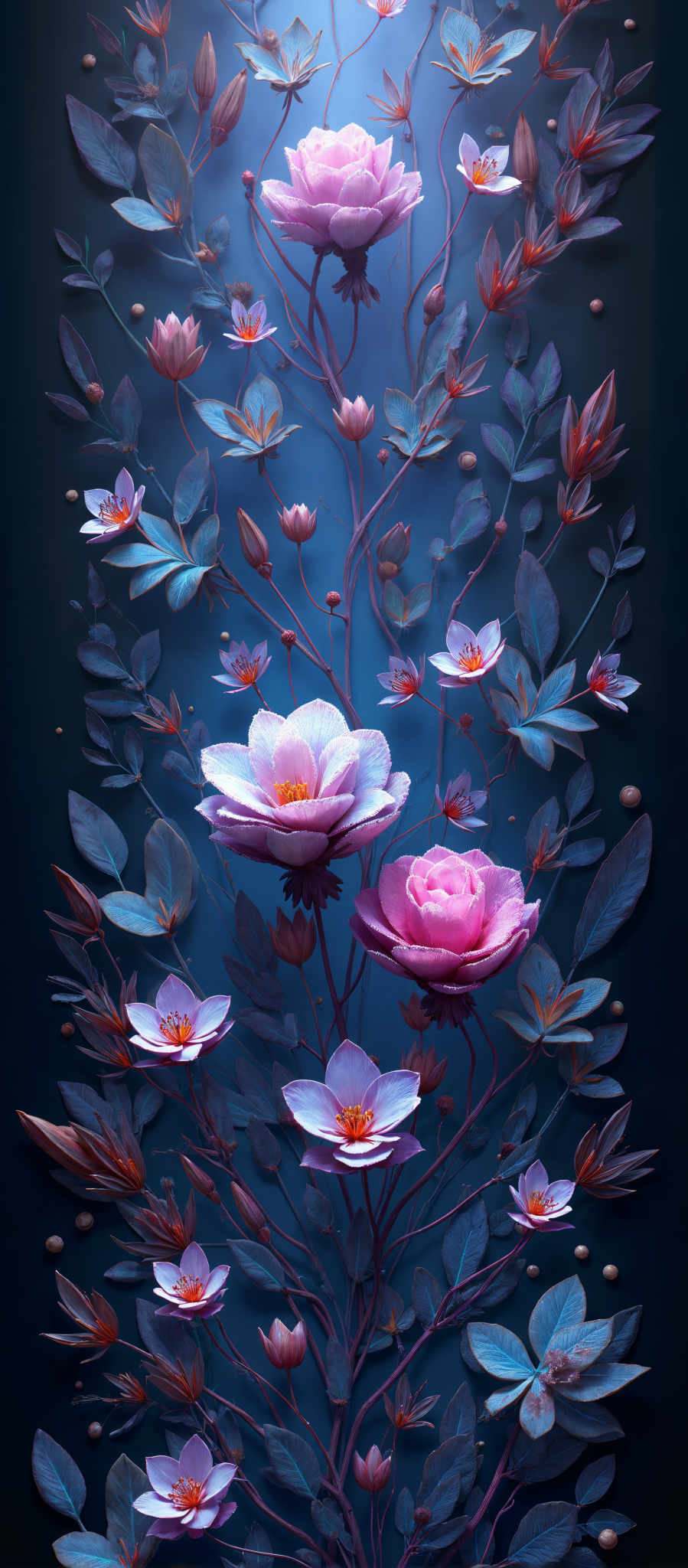 A digital painting of a bouquet of flowers in shades of pink and blue.