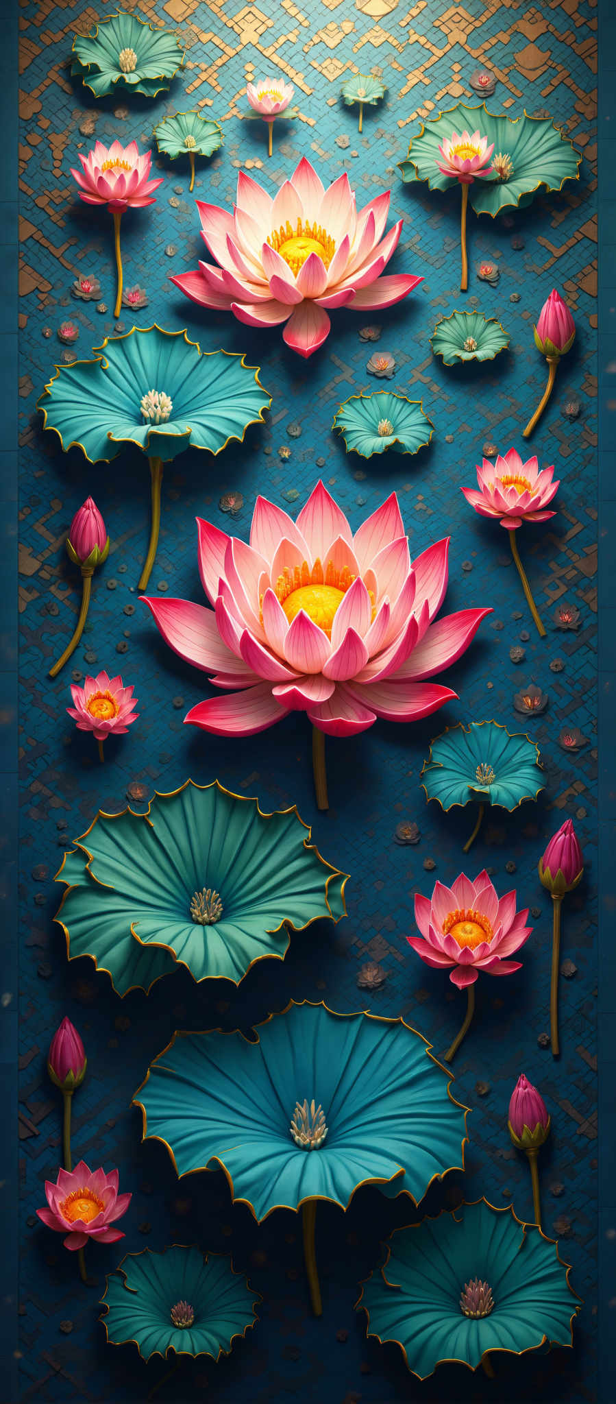 The image presents a vibrant scene of a blue background adorned with a repeating pattern of small blue flowers. Dominating the center of the background is a large pink lotus flower its petals spread out in full bloom. Surrounding this central lotus are smaller pink lotuses their delicate petals adding a touch of elegance to the scene. 

Scattered throughout the image are green leaves their glossy surfaces reflecting the light. These leaves along with the flowers create a sense of depth and texture against the blue background. The overall composition of the elements in the image suggests a serene and tranquil atmosphere. 

Despite the simplicity of the objects - flowers and leaves - the image conveys a sense complexity through the repetition of the pattern and the varying sizes of the flowers. The precise placement of each element contributes to the harmony of the scene making it a captivating visual experience.