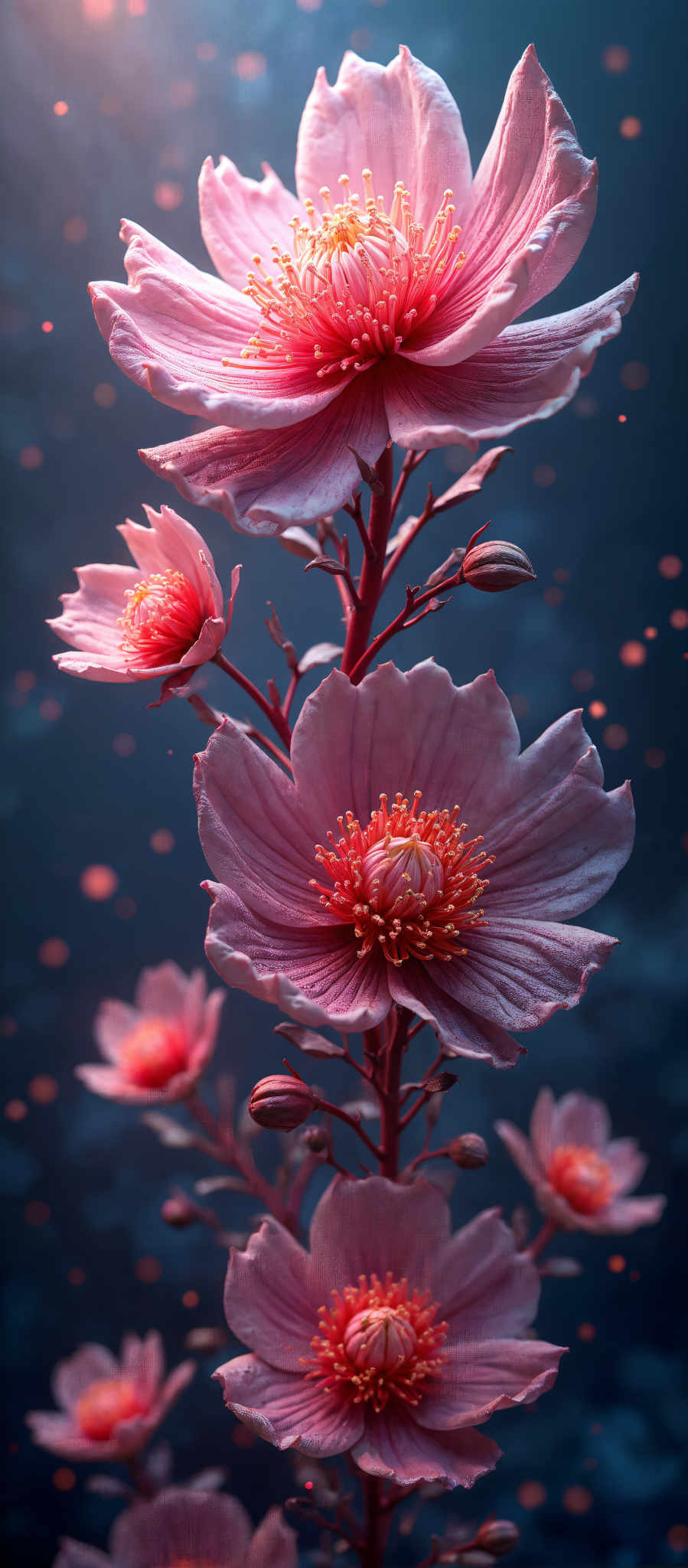 A group of pink flowers with orange centers.