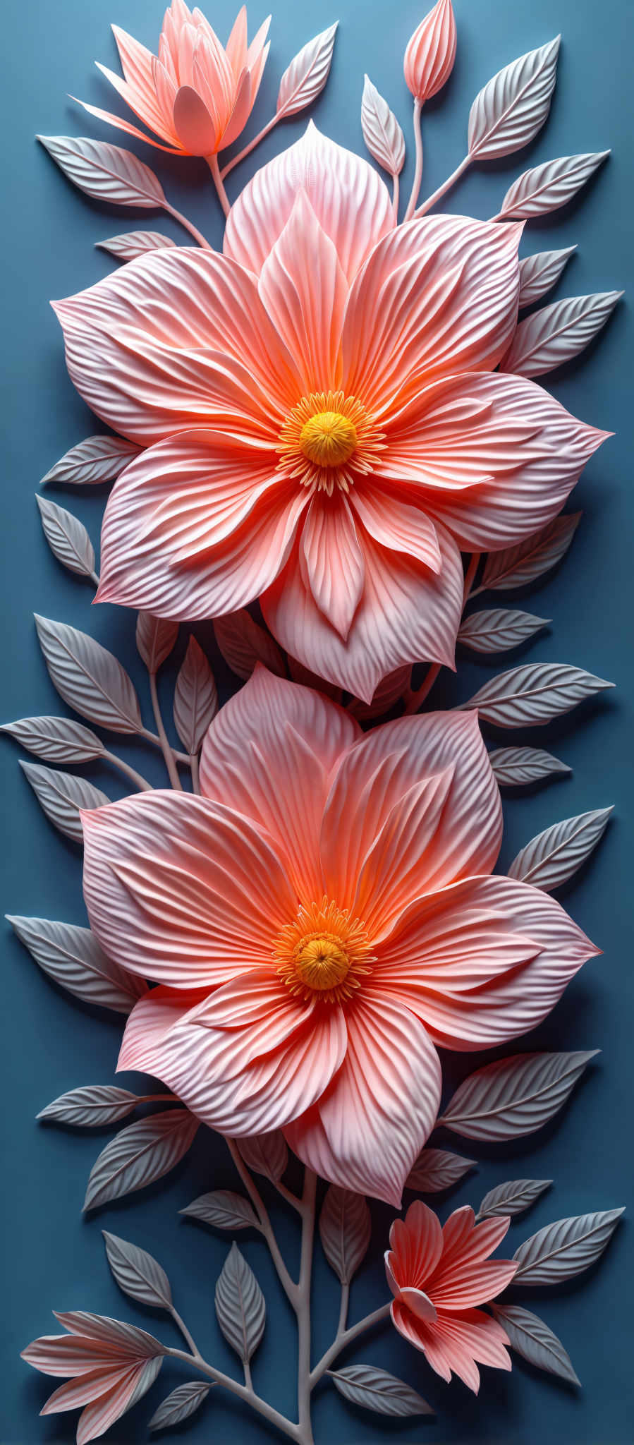 A beautiful arrangement of three pink flowers with yellow centers surrounded by gray leaves.