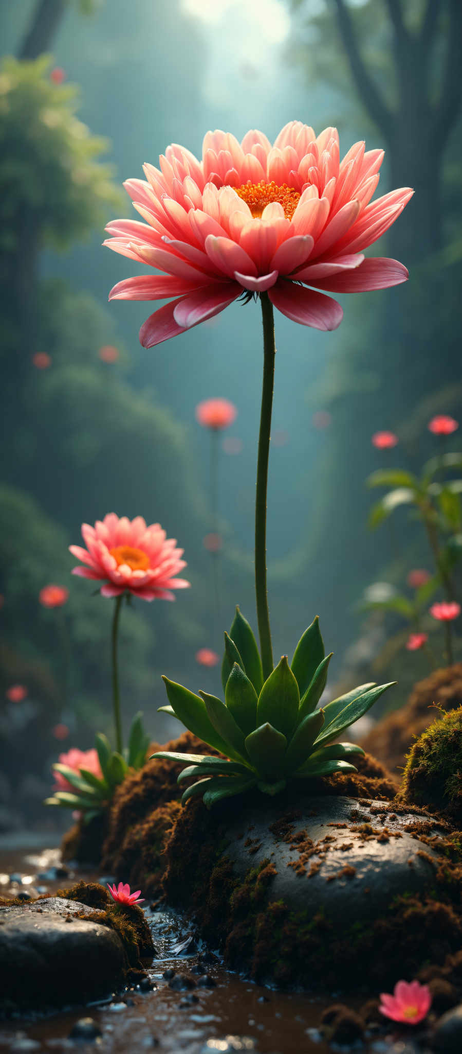 A vibrant scene of nature is captured in this image. Dominating the center is a tall thin flower stem its green color contrasting with the surrounding environment. At the top of the stem a large pink flower blooms its petals spread out in full display. The flower is the main focus of the photo drawing the viewer's attention with its vivid color and prominent position.

Surrounding the central flower are several smaller pink flowers their presence adding depth and variety to the scene. These flowers though smaller in size contribute to the overall beauty of the scene by creating a sense of abundance and diversity.

The background of the flower is a lush green forest filled with trees and bushes. The dense foliage provides a natural backdrop that enhances the colors of the flowers and adds a sense depth to the image.

The image is taken from a low angle looking up at the flowers. This perspective gives the viewer a sense that they are standing at the foot of the tall flower stem and looking up creating a feeling of awe and wonder at the beauty of nature.

Overall this image captures the beauty and diversity of nature with its vibrant colors and varied elements. It's a snapshot of a moment in time frozen in the form of an