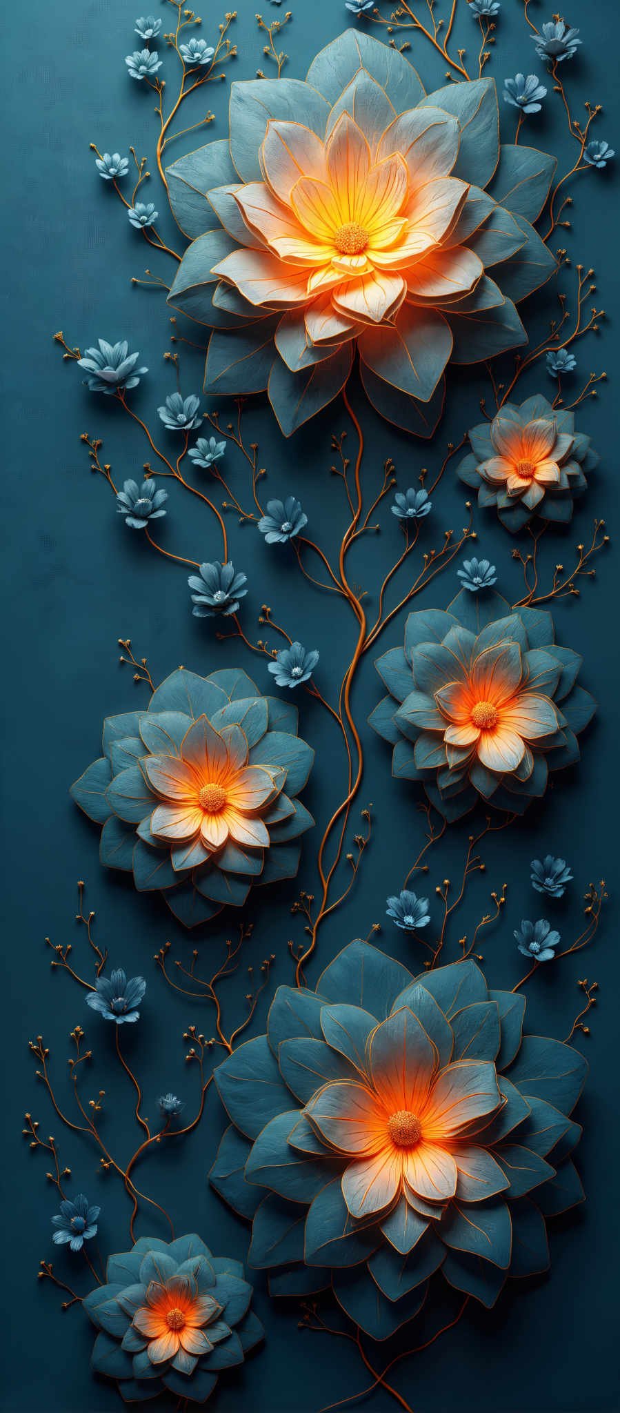 The image showcases a collection of blue and orange paper cutouts of flowers and branches. The flowers are intricately designed with orange centers while the branches are brown and have small leaves. The background is a solid blue color providing a stark contrast to the vibrant colors of the flowers and leaves. There are 12 flowers and 8 branches in total arranged in a seemingly random pattern. The image does not contain any text or other discernible objects. The relative positions of the objects vary with some flowers and stems overlapping each other while others are spaced apart. The overall composition of the paper cutout creates a visually appealing and colorful image.