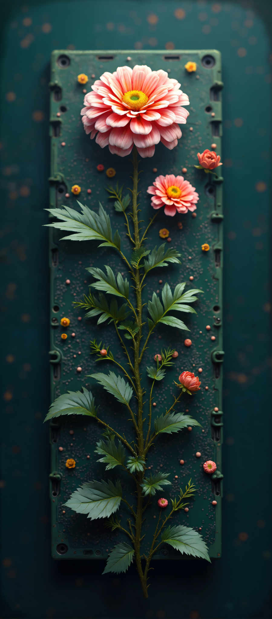 A vibrant pink flower blooms on a green stem surrounded by small orange flowers. The stem is adorned with green leaves and delicate pink flowers.