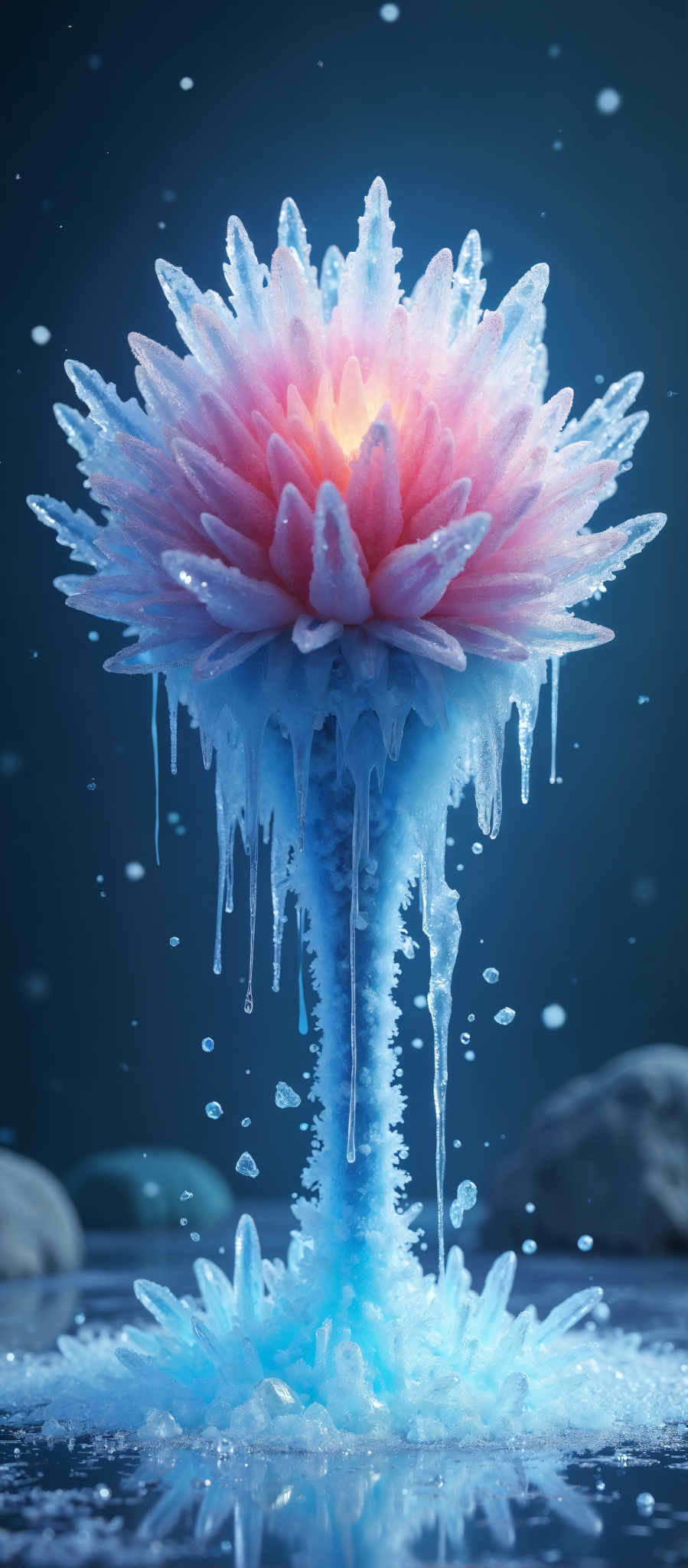 A digital illustration of a flower with blue and pink petals and a yellow center. The flower is surrounded by water droplets and icicles.