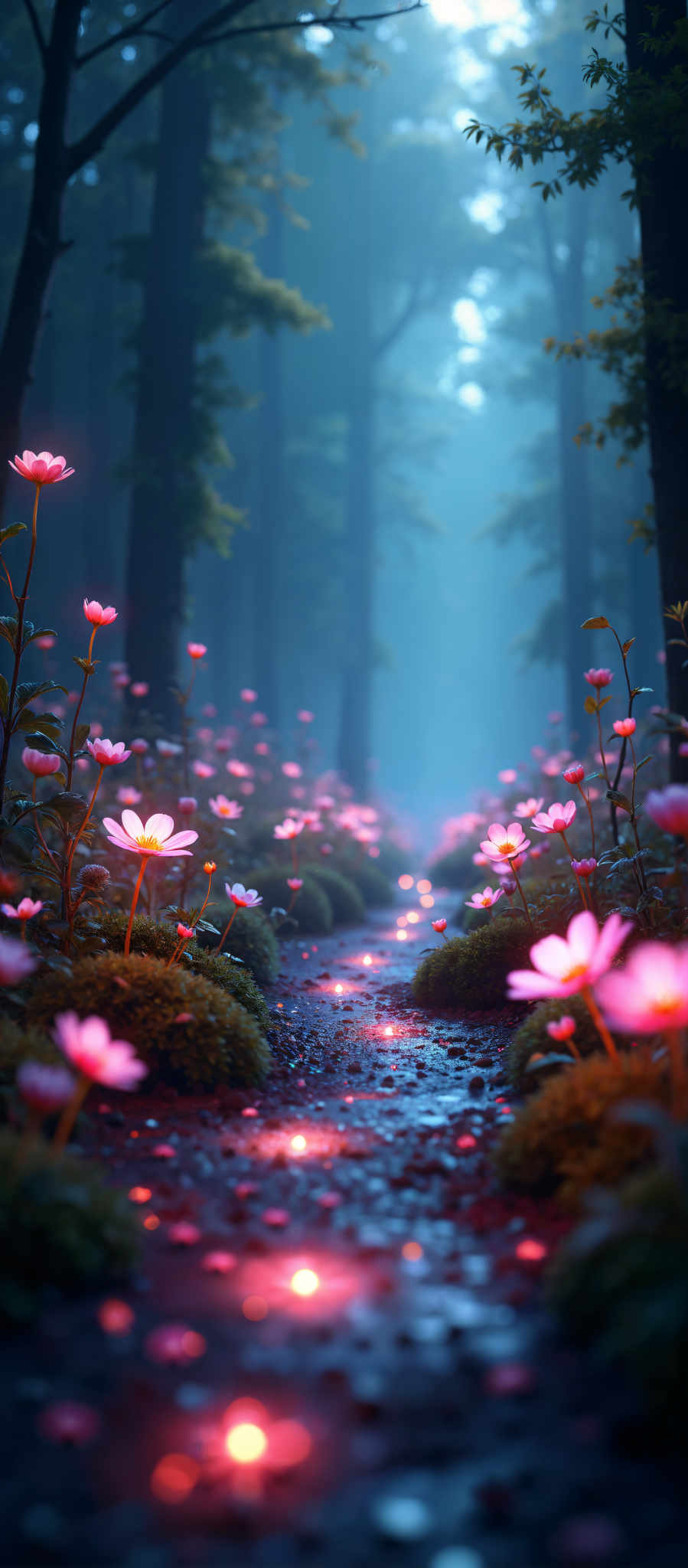 A path through a forest of pink flowers.