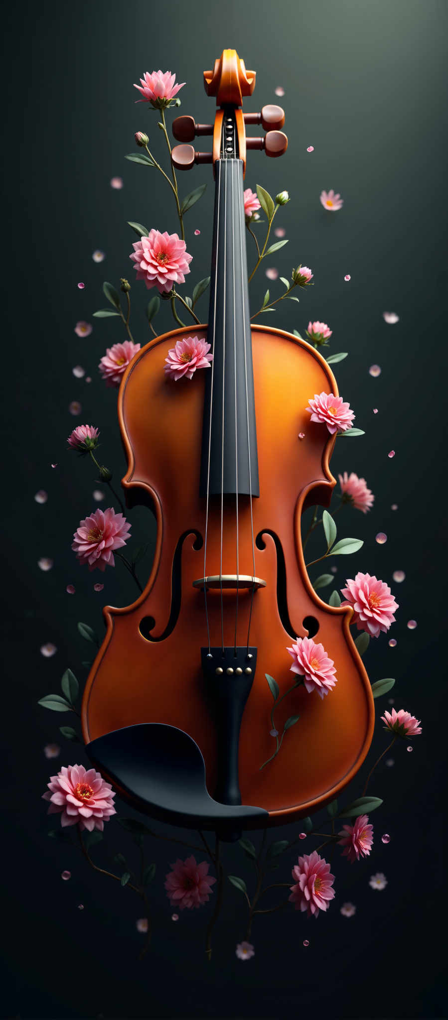 A violin with a black bow and pink flowers on it.