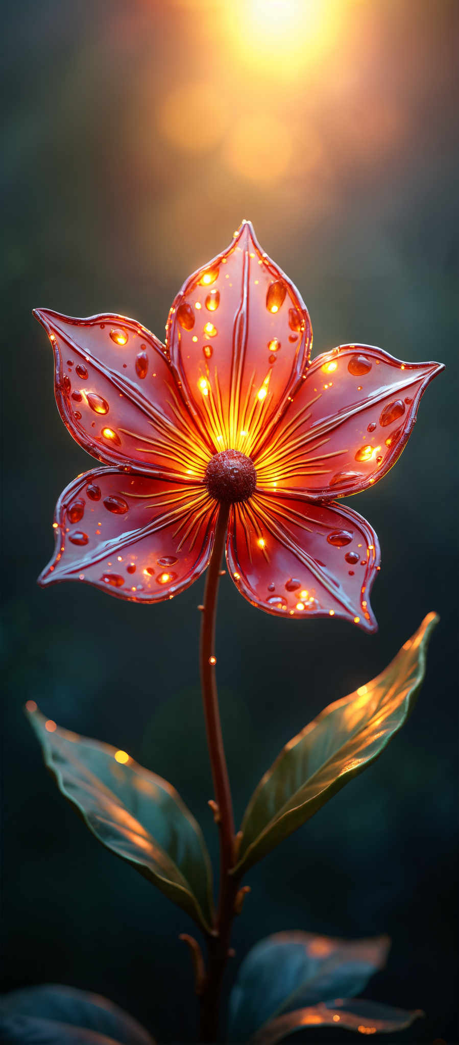 A red flower with a yellow center and green leaves.