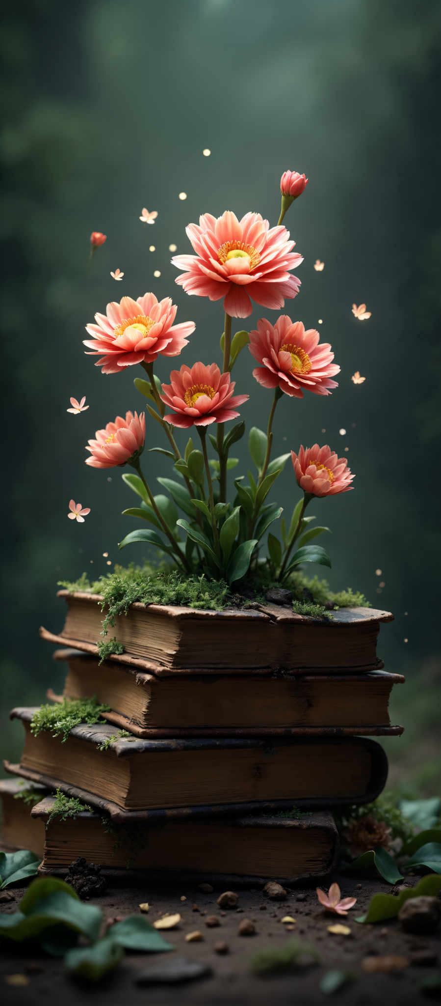 A group of pink flowers with yellow centers are on top of a stack of books.