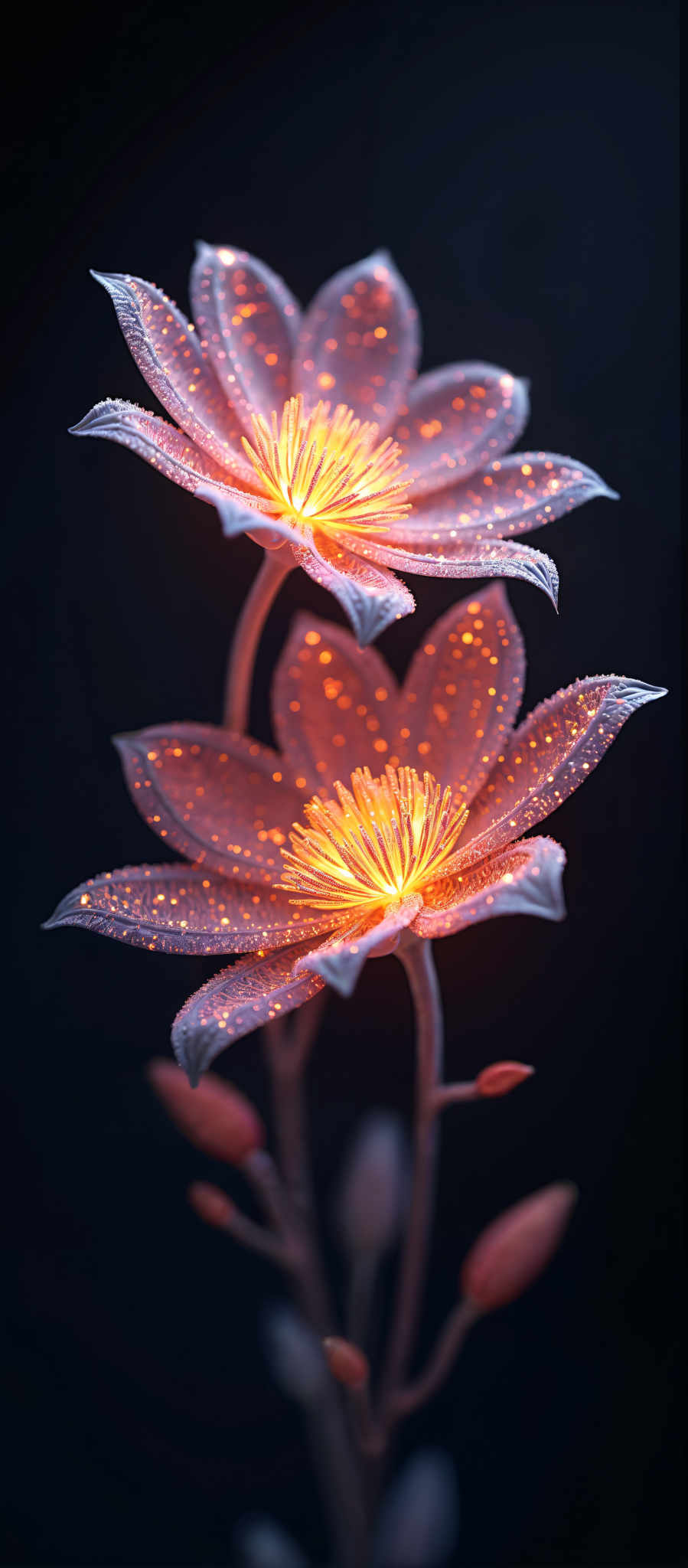 Two pink flowers with yellow centers and white petals.