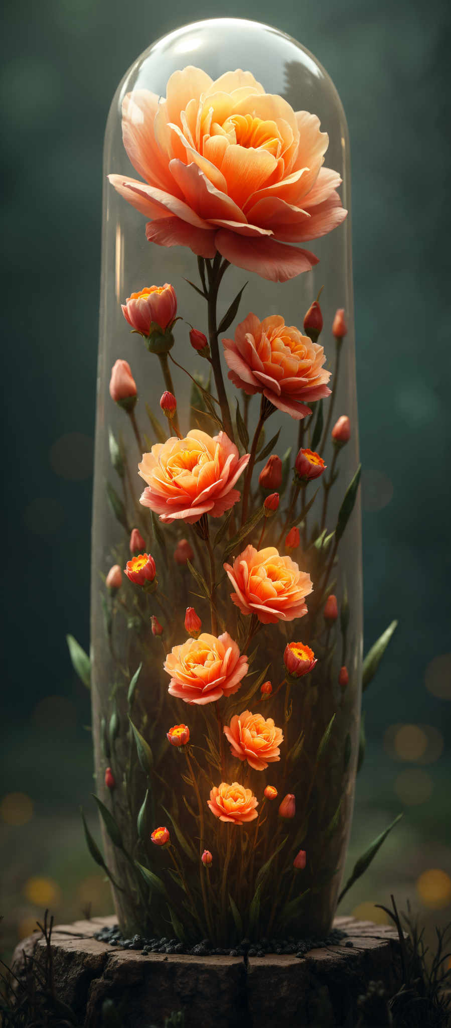 A vase filled with pink and orange roses.