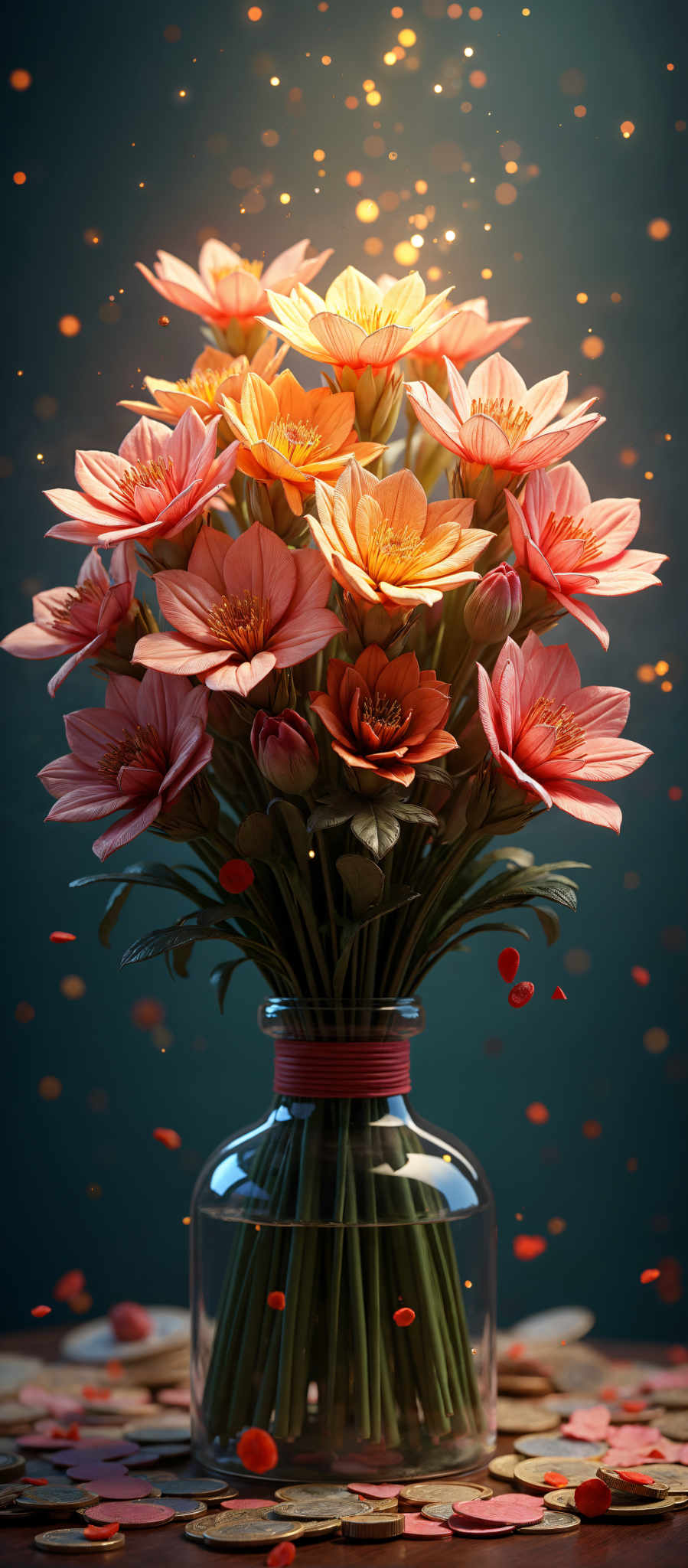 A bouquet of flowers in a glass vase.