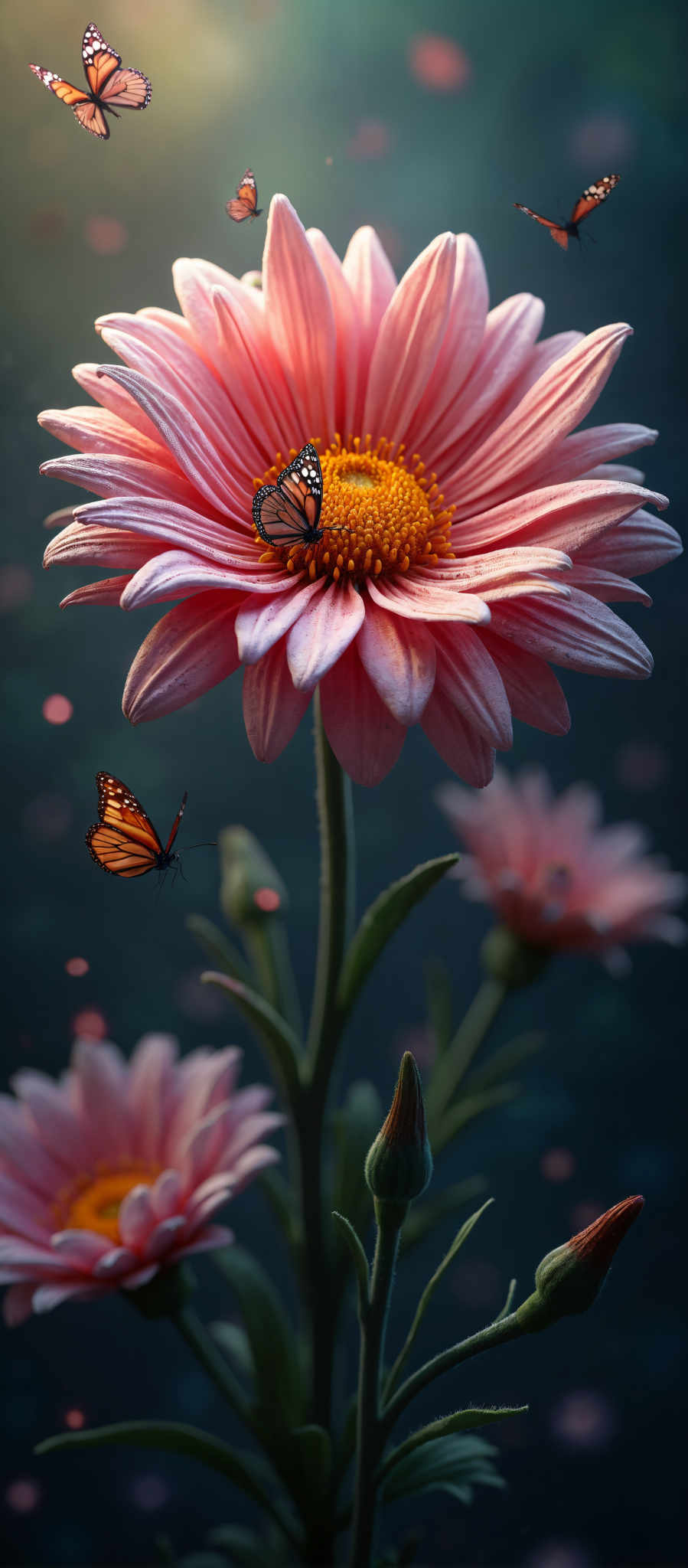 A vibrant pink flower with a yellow center is the main focus of the photo. The flower is surrounded by a dark blue background creating a striking contrast. Two butterflies one orange and one black are perched on the petals of the flower adding a sense of life and movement to the scene. The butterflies are positioned on the left and right sides of the center of the bloom creating balance in the composition. The image captures a moment of tranquility and beauty in nature.