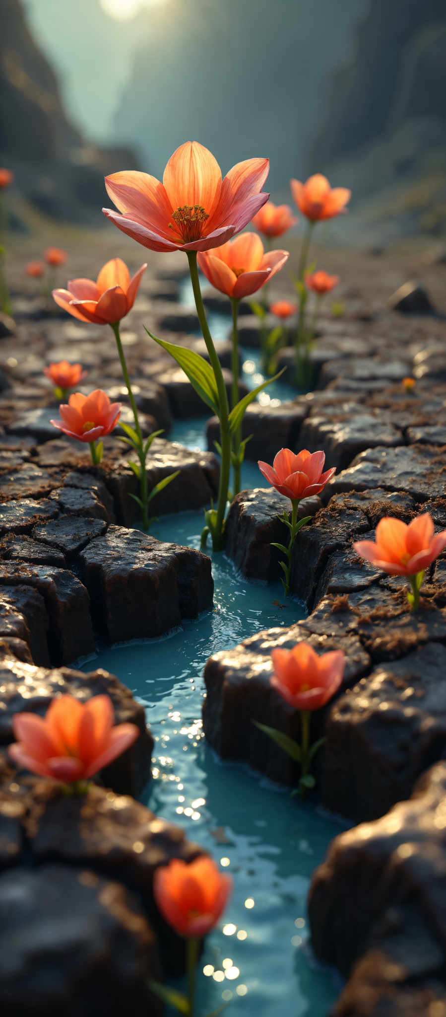 The image shows a group of vibrant orange tulips growing in a shallow pool of water. The tulips are surrounded by black rocks creating a striking contrast with their bright color. The water in the pool is a light blue color adding a calming element to the scene. The perspective of the photo is from above providing a bird's eye view of the tulips and rocks. The image does not contain any text. The overall scene is a beautiful representation of nature's resilience and beauty.