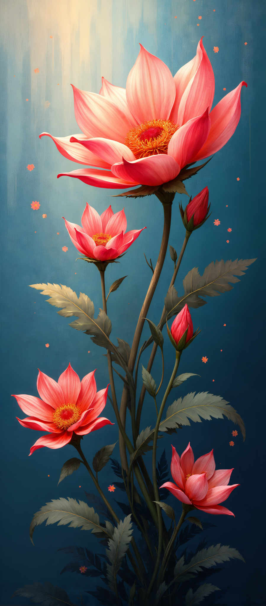 A digital painting of three red flowers with green leaves.