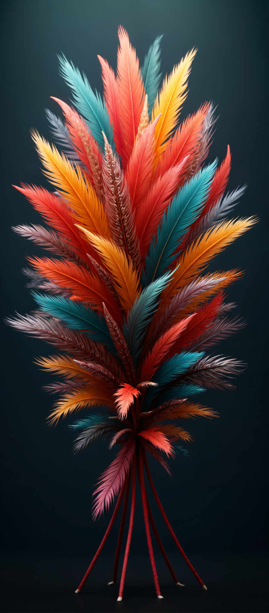 A vibrant display of feathers in various colors including red orange blue and green. The feathers are arranged in a fan-like manner creating a visually striking image.